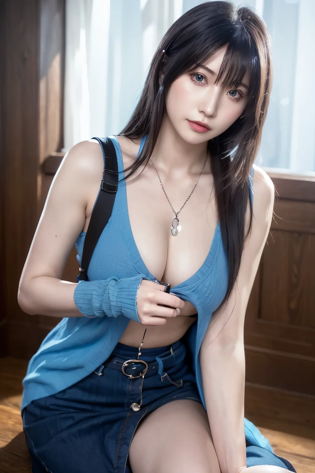 rinoa, blue duster, blue wristbands, holding necklace, portrait body, unparalleled masterpiece, ultra realistic 8k CG, perfect artwork, clean, beautiful face, pure face, pale skin, intricate detail, prestige, gorgeous, luxury, fancy ballroom, hound