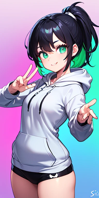 (black hair,colorful fluorescence multicolored hair:1.5,ponytail:1.5), (masterpiece, sidelights, exquisite beautiful eyes: 1.5), masterpiece*portrait, realistic, ((Colorful background of different colors:1.5)),(Gentle face:1.5),colorful,3D face,(cute face),front view: 1.6、((fist clash:1.5))、 (glowing green eyes:1.2),(tareme:1.5)、(cute smile:1.5),,Slim Body, shiny hair, shiny skin: 1.5、medium breasts,、solo,(stand)、(hoodie:1.5)、(charactor focus:1.5、portlate、eye focus,cowboy shot)、bright atmosphere,intricatedetails