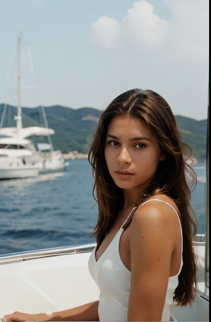 half body portrait of a purple streak brunette haired  caramel skinned woman on a yacht shot on kodak gold 400