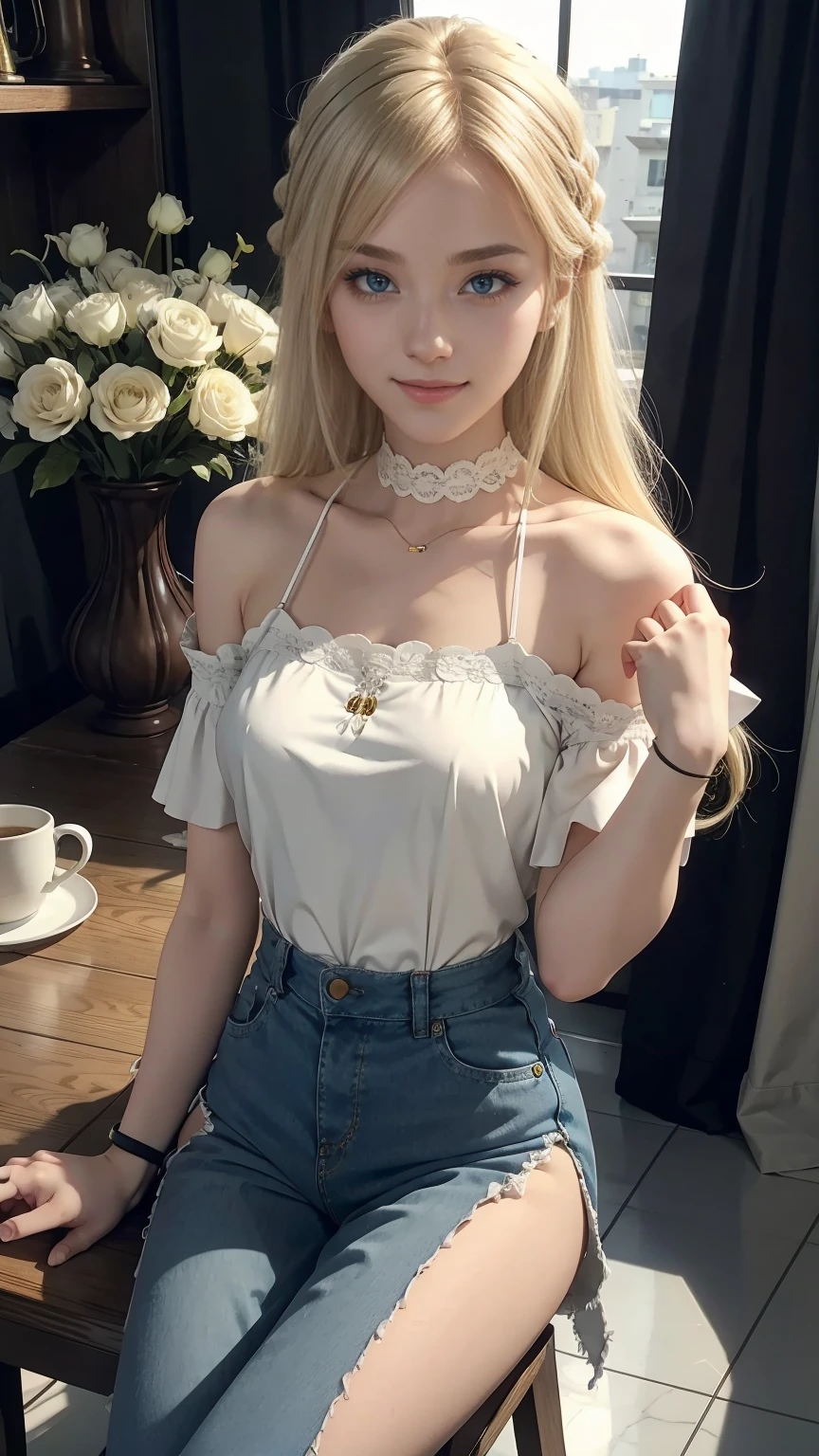 22 year old white female、hair color is blonde、eye color is blue、long hair、Tying up your hair、accessories on wrist、I'm wearing a choker、skin is smooth、smile、Slender but muscular body、My heart is pounding、high resolution、She is wearing a one-shoulder lace top.、I'm wearing pants、I'm wearing pumps、In front of Horizont in the photo studio、Flowers are arranged in a vase on a narrow medieval table.