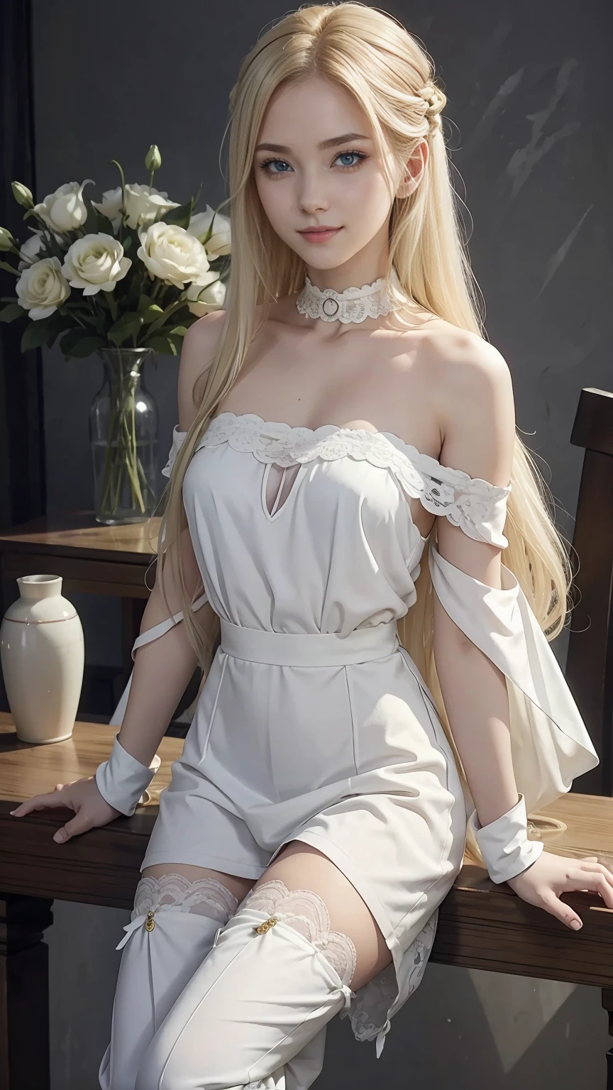 22 year old white female、hair color is blonde、eye color is blue、long hair、Tying up your hair、accessories on wrist、I&#39;m wearing a choker、skin is smooth、smile、Slender but muscular body、My heart is pounding、high resolution、She is wearing a one-shoulder lace top.、I'm wearing pants、I&#39;m wearing pumps、In front of Horizont in the photo studio、Flowers are arranged in a vase on a narrow medieval table.