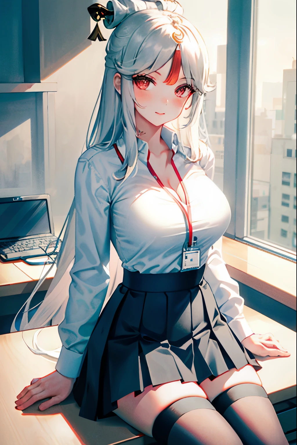 Ningguang, 1girl, solo, ((white shirt)), black thighhighs, breasts, cleavage, uniform, office background, black skirt, pleated skirt, office, hair between eyes, hair ornament, large breasts, long hair, looking at viewer, silver hair, silver short nails, red eyes, solo, thighhighs, thighs, very long hair, ((masterpiece)), sitting, chair, desk, computer on desk, name tag, id tag, indoor, blush, sexy pose, hands behind,