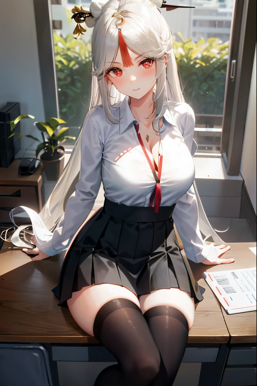 Ningguang, 1girl, solo, ((white shirt)), black thighhighs, breasts, cleavage, uniform, office background, black skirt, pleated skirt, office, hair between eyes, hair ornament, large breasts, long hair, looking at viewer, silver hair, silver short nails, red eyes, solo, thighhighs, thighs, very long hair, ((masterpiece)), sitting, chair, desk, computer on desk, name tag, id tag, indoor, blush, sexy pose, hands behind,