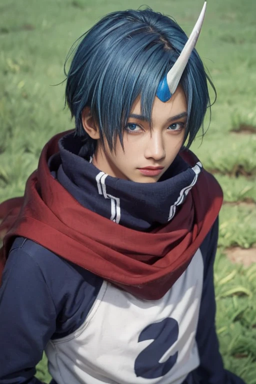 masterpiece, best quality, sketch, 1boy, solo, male focus, looking at viewer, upper body, , souei_tensei_shitara, blue hair, blue eyes, single horn, , ,