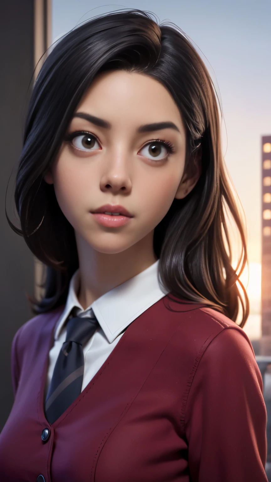 photo of Aubrey Plaza, RAW, beautiful woman, ((portrait)), ((detailed face:1.2)), ((detailed facial feature, detailed skin, clear skin), (perfect proportioned body), (wearing a shirt dress & tie) (high detailed city environment, apartment balcony), (realistic photo, best quality, detailed), (8k wallpaper), (cinematic lighting, dramatic lighting) (sharp focus, intricate)