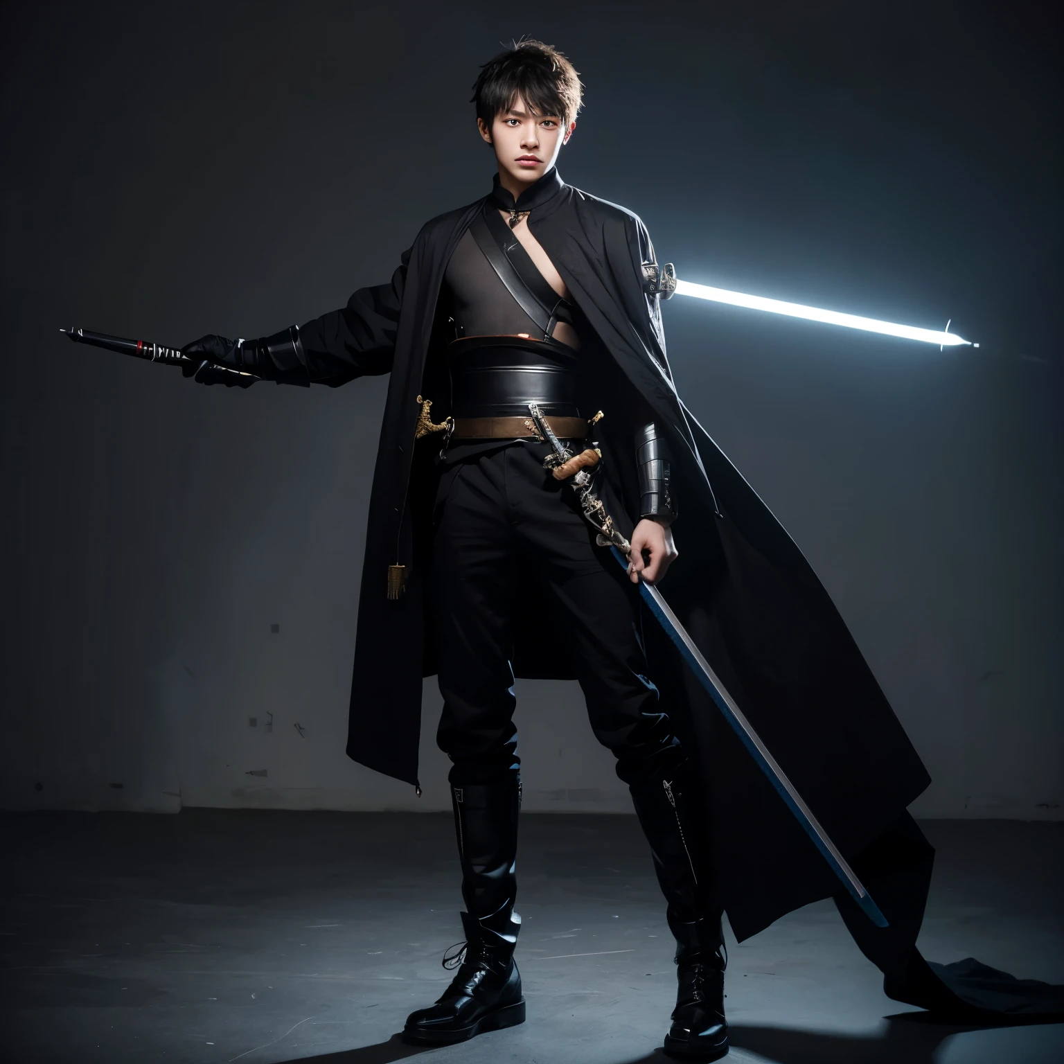 Realistic style,19-year-old boy,Height 1.75 meters,battle garment,Black saber hanging on waist,Hair style is short,full body portrait
