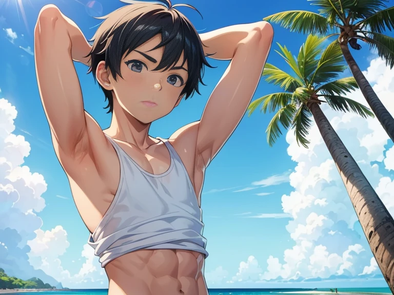 Anime style, summer sky, Into the cloud, 1boy, , handsome boy, cute face, adorable boy, beach, coconut tree, Cheerful boy。Tank Top, body only, Shirtless, Topless, small breast, (show his armpit, focus on the armpit, shine closer to the armpit), boy focus