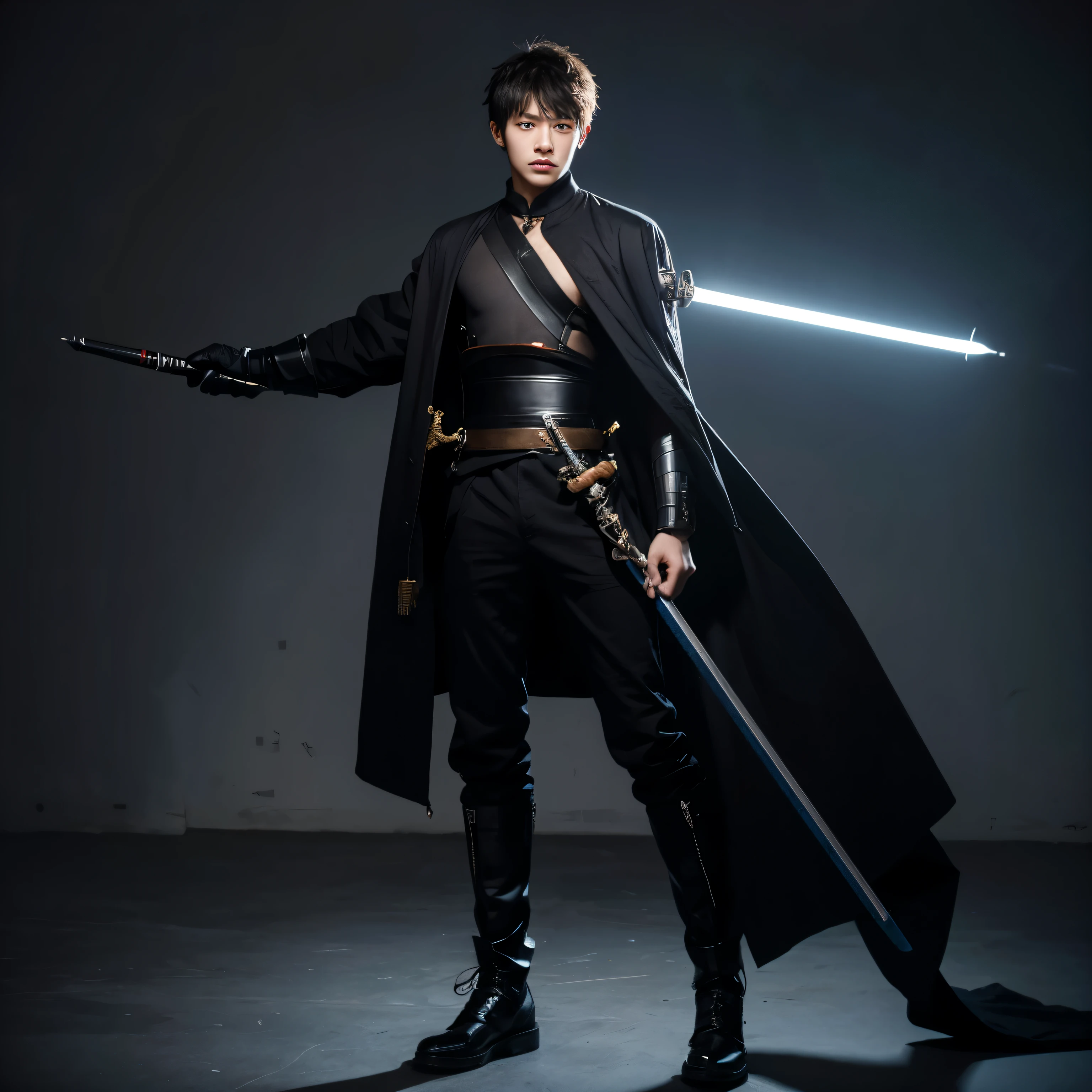 Realistic style,19-year-old boy,Height 1.75 meters,battle garment,Black saber hanging from waist,short hair hairstyle,full body portrait