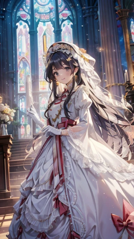 In front of the altar of a majestic church、（blurred background）、brighter light、golden long hair girl、classic white wedding dress、（elegant luster）、（Lots of races）、lots of ribbons、((voluminous puff sleeves))、long cuffs with many buttons、golden embroidery、long train、white embroidered gloves、five fingers、laughter、Redness of the cheeks