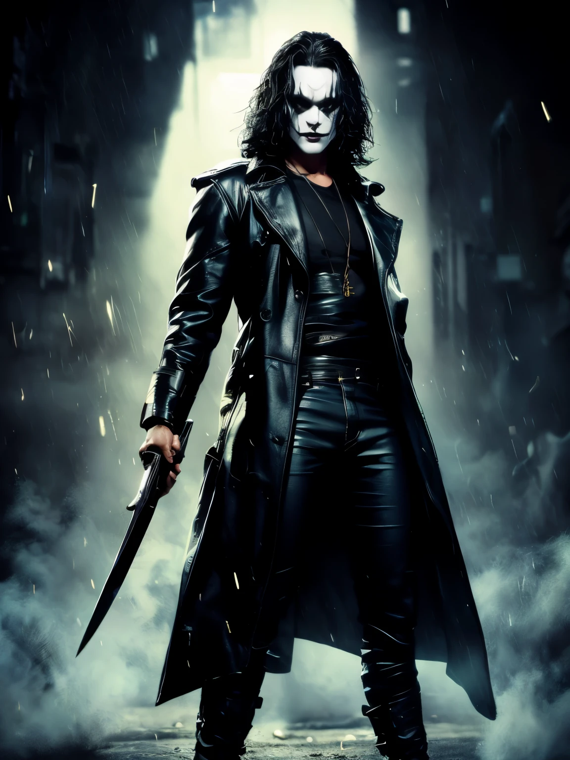 A cinematic poster of the character, "The Crow". The character is in the middle of a dark street, with a bright green light shining on him. (( The Crow V.IT Face, White face with black makeup )), The background is black with smoke. Wearing a The Crow Costume. The character is wearing a black overcoat, jeans, and black boots. He has long black hair and wears black makeup. He is holding a knife in his right hand. DETAILED FACE, intricaten. Realism: The generated art should be realistic and highly detailed. Lighting: The lighting should be cinematic, with a bright green light shining on the character. Background: The background should be black with smoke. Cinematic lighting. 