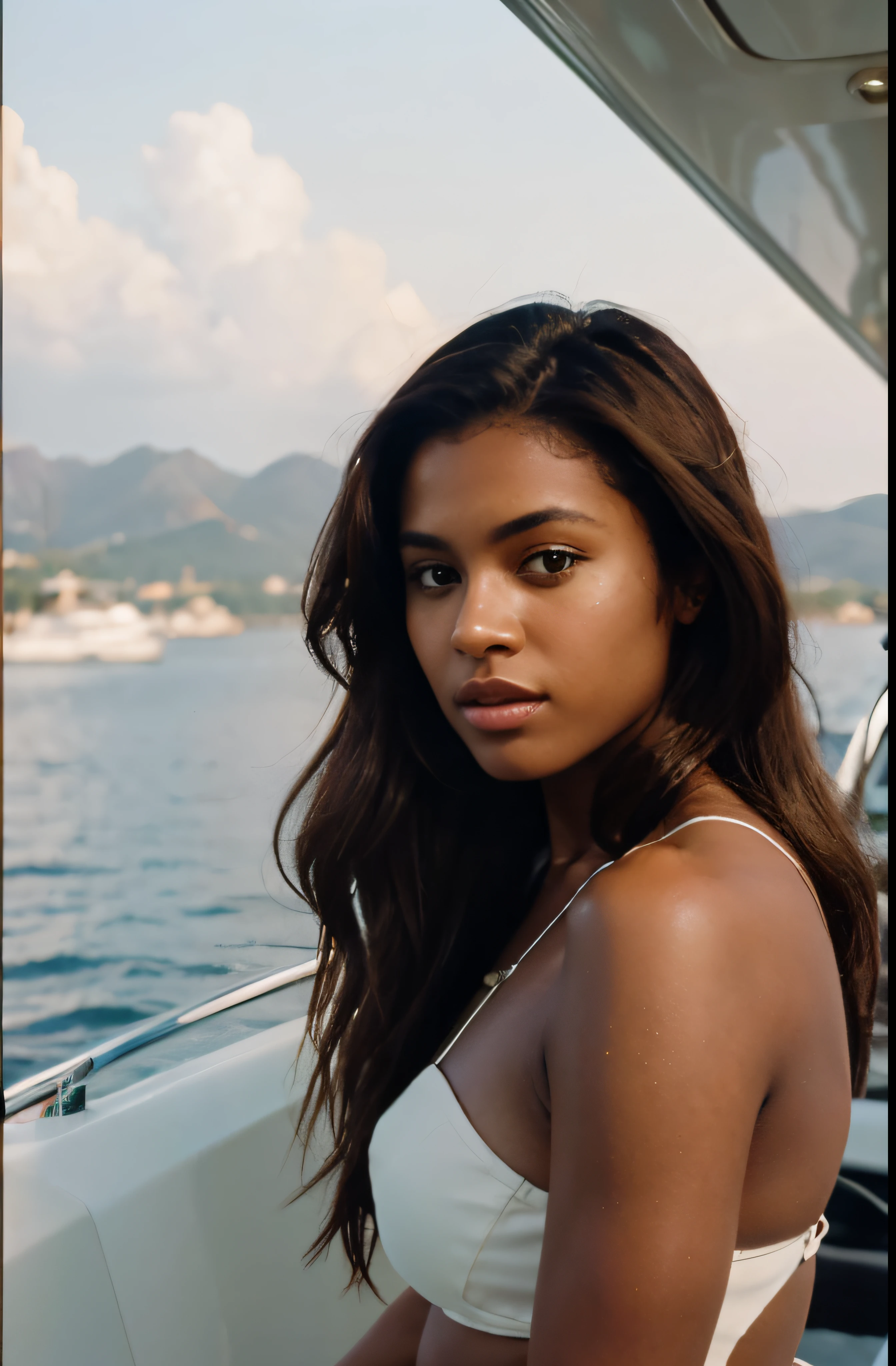 ((best quality)), ((masterpiece)), (detailed), perfect face, tall slim body, 1 mixed race African-American woman, 20yo, oiled black skin, shiny skin, large 1970 Afro-style hairdo, three-quarter rear view, full body shot, stunning black woman, looking out to sea from the deck of a yacht