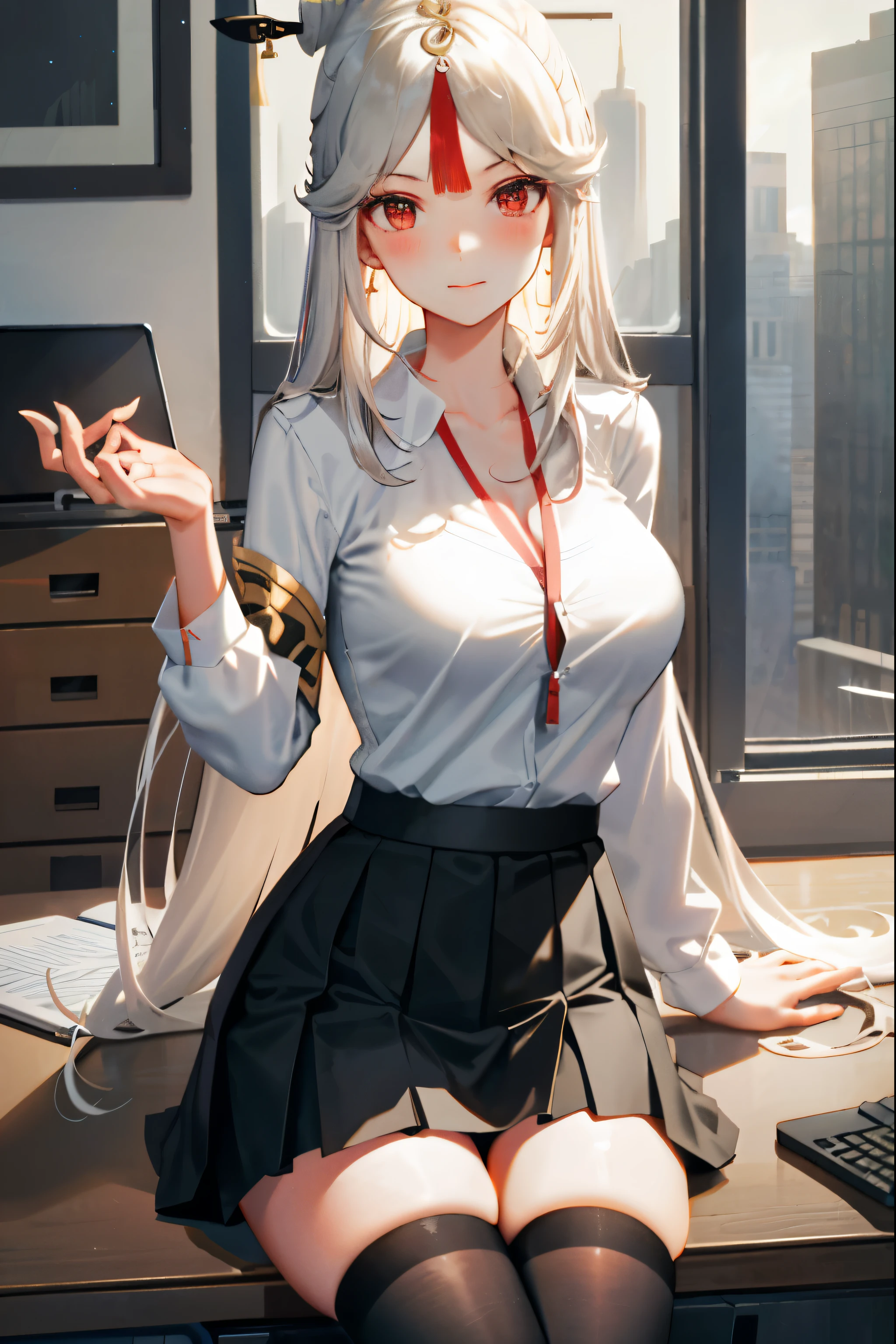 Ningguang, 1girl, solo, ((white shirt)), black thighhighs, breasts, cleavage, uniform, office background, black skirt, pleated skirt, office, hair between eyes, hair ornament, large breasts, long hair, looking at viewer, silver hair, silver short nails, red eyes, solo, thighhighs, thighs, very long hair, ((masterpiece)), sitting, chair, desk, computer on desk, name tag, id tag, indoor, blush, sexy pose, hands behind,