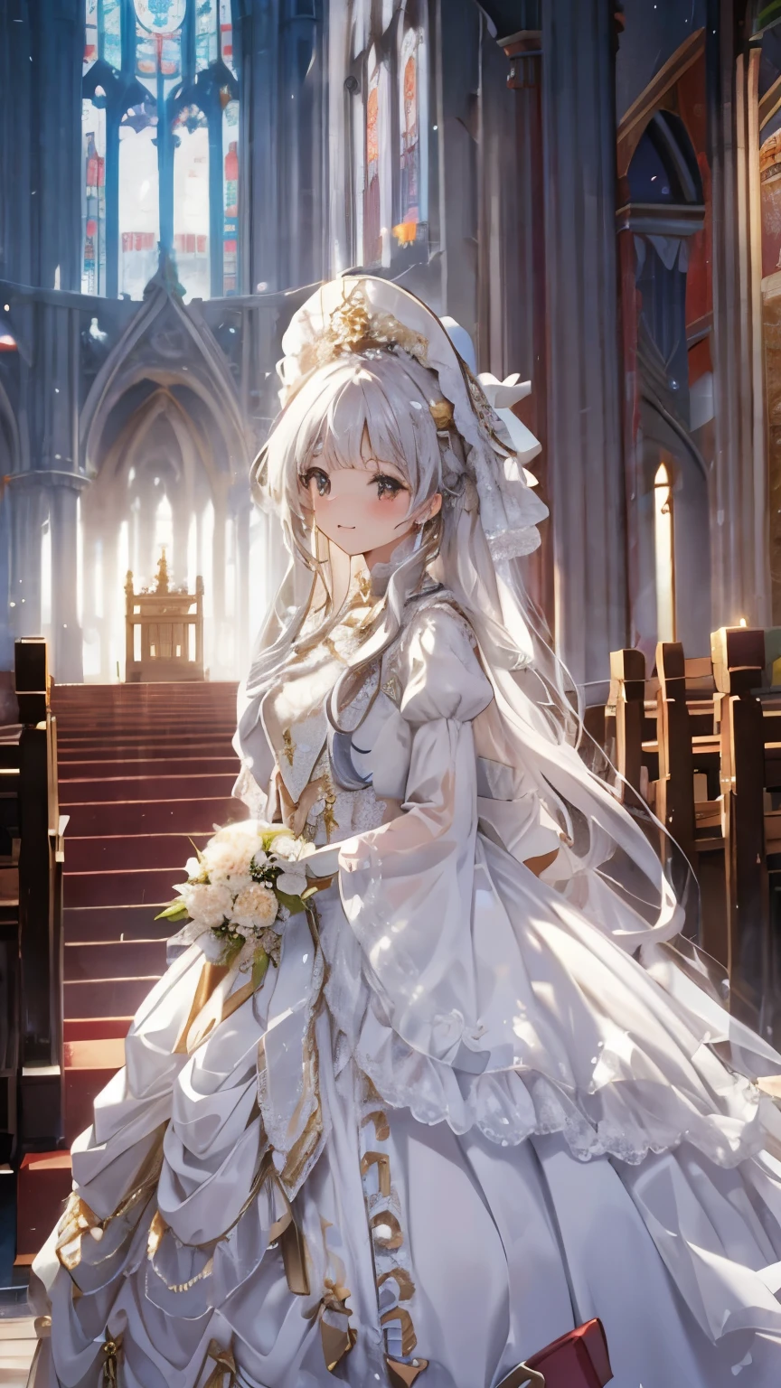 In front of the altar of a majestic church、（blurred background）、brighter light、golden long hair girl、classic white wedding dress、（elegant luster）、（Lots of races）、lots of ribbons、((voluminous puff sleeves))、long cuffs with many buttons、golden embroidery、long train、white embroidered gloves、five fingers、laughter、Redness of the cheeks