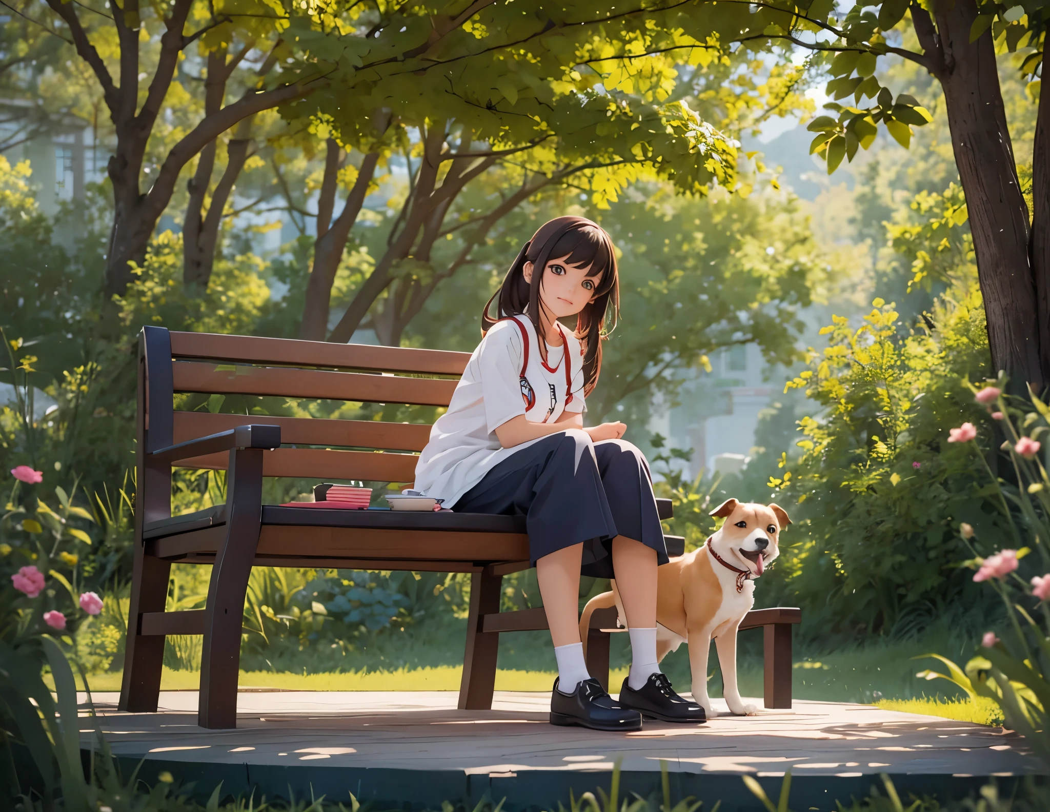 painting of a girl sitting on a bench with a dog, portrait of max caulfield, artwork in the style of guweiz, by Zou Zhe, style of dragan bibin, inspired by Félix Bódog Widder, rhads and lois van baarle, illustrative art, by Li Song, by Li Zai, by Xie He illutrate perfect please. 
 