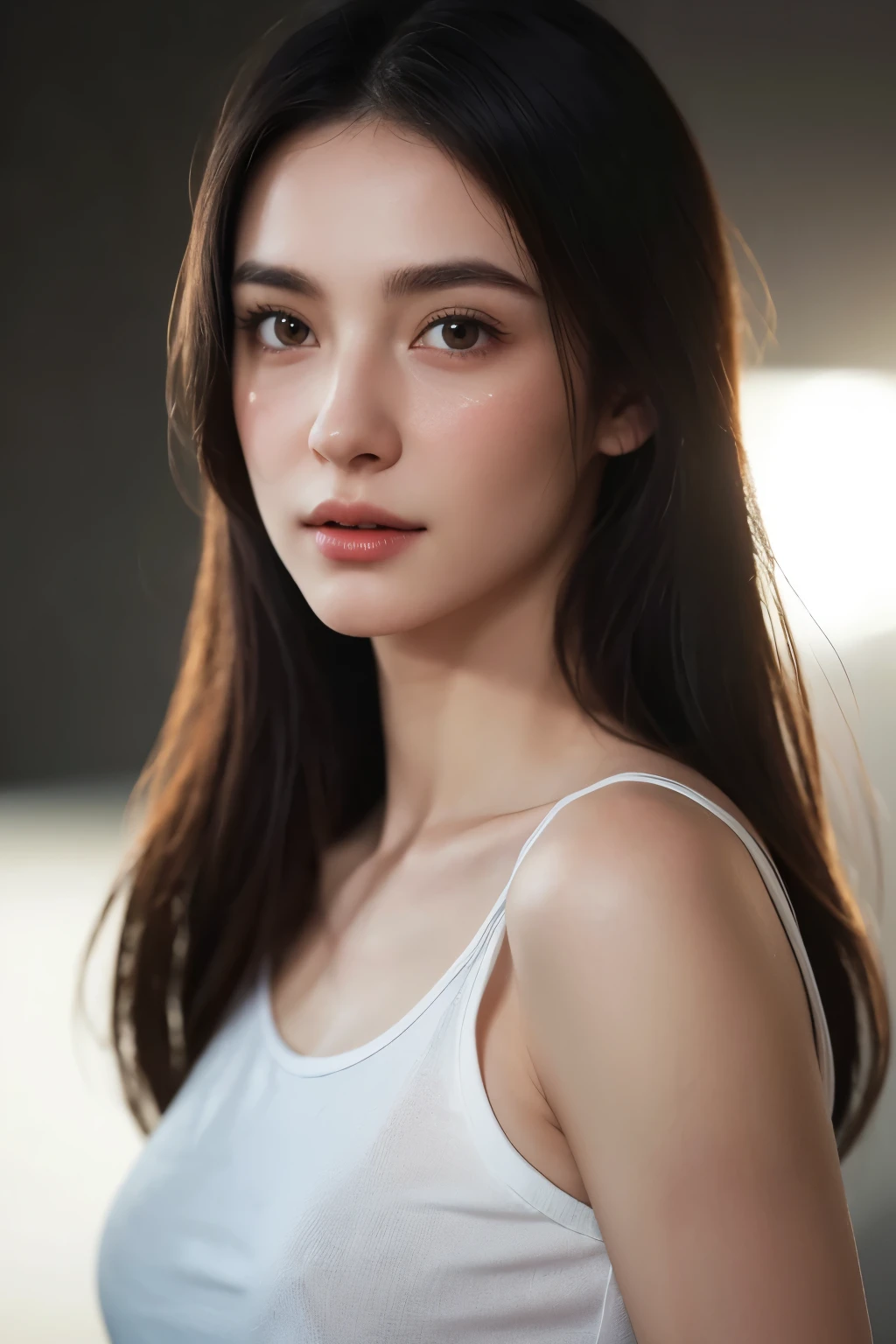 dressed, (photo realistic:1.4), (hyper realistic:1.4), (realistic:1.3), (smoother lighting:1.05), (increase cinematic lighting quality:0.9), 32K, 1girl,20yo girl, realistic lighting, backlighting, light on face, ray trace, (brightening light:1.2), (Increase quality:1.4), (best quality real texture skin:1.4), finely detailed eyes, finely detailed face, finely quality eyes, (tired and sleepy and satisfied:0.0), face closeup, t-shirts, (Increase body line mood:1.1), (Increase skin texture beauty:1.1)