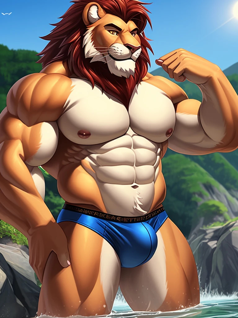 muscular old man soak in the onsen, furry, an anthro (burgundy lion), an anthto, a old man big muscular, happy expression, detailed face, face, detailed eyes, eyes, really big muscle, bigger muscle, very big muscular, over sized muscle, biggest muscle, big pec muscular, biggest pec muscle, detailed muscle, realistic rendering, CG realistic, 3d realistic, photography, background, detailed speedo, big underwear bulge