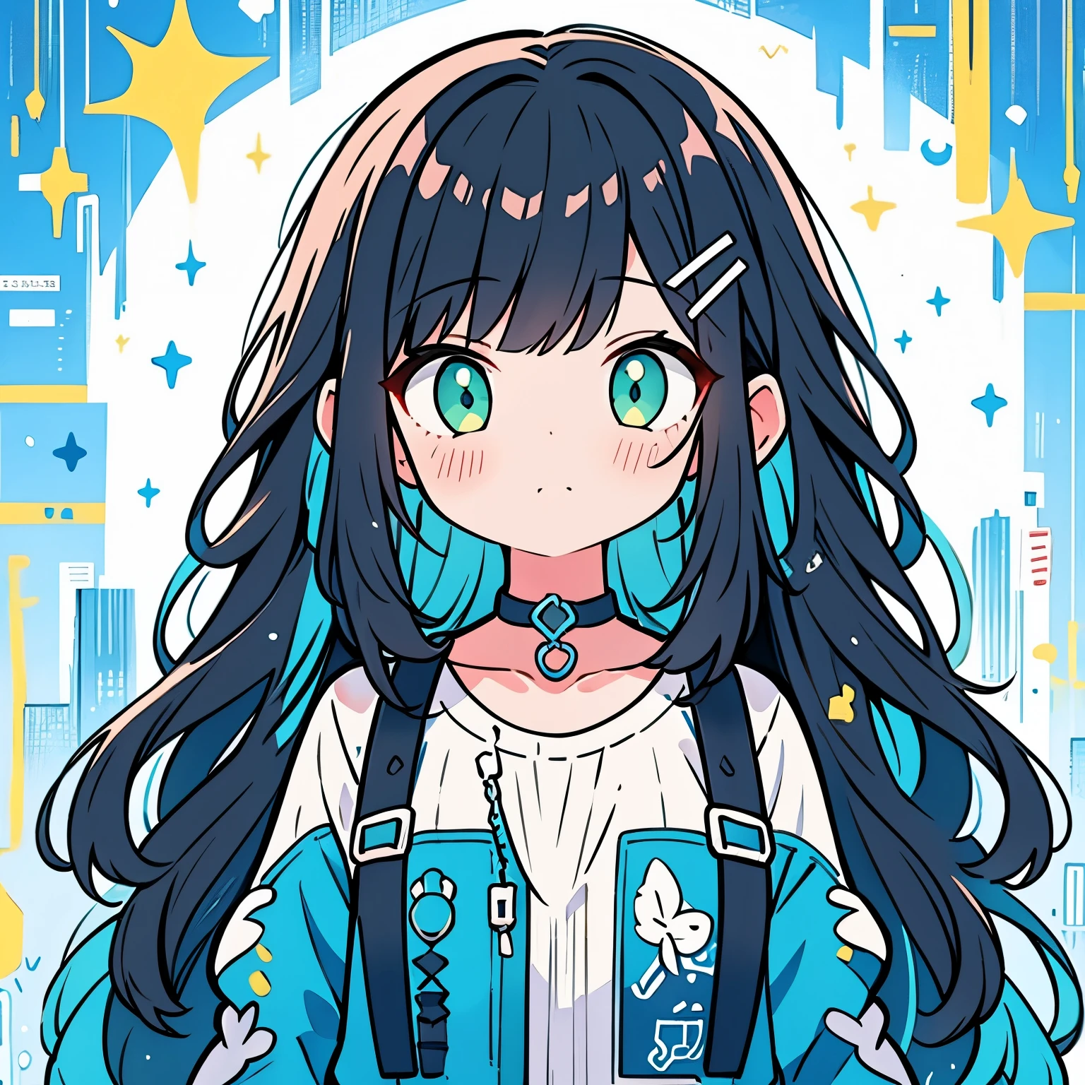 girl、cute、black hair、choker、color palette(light blue、green、white)