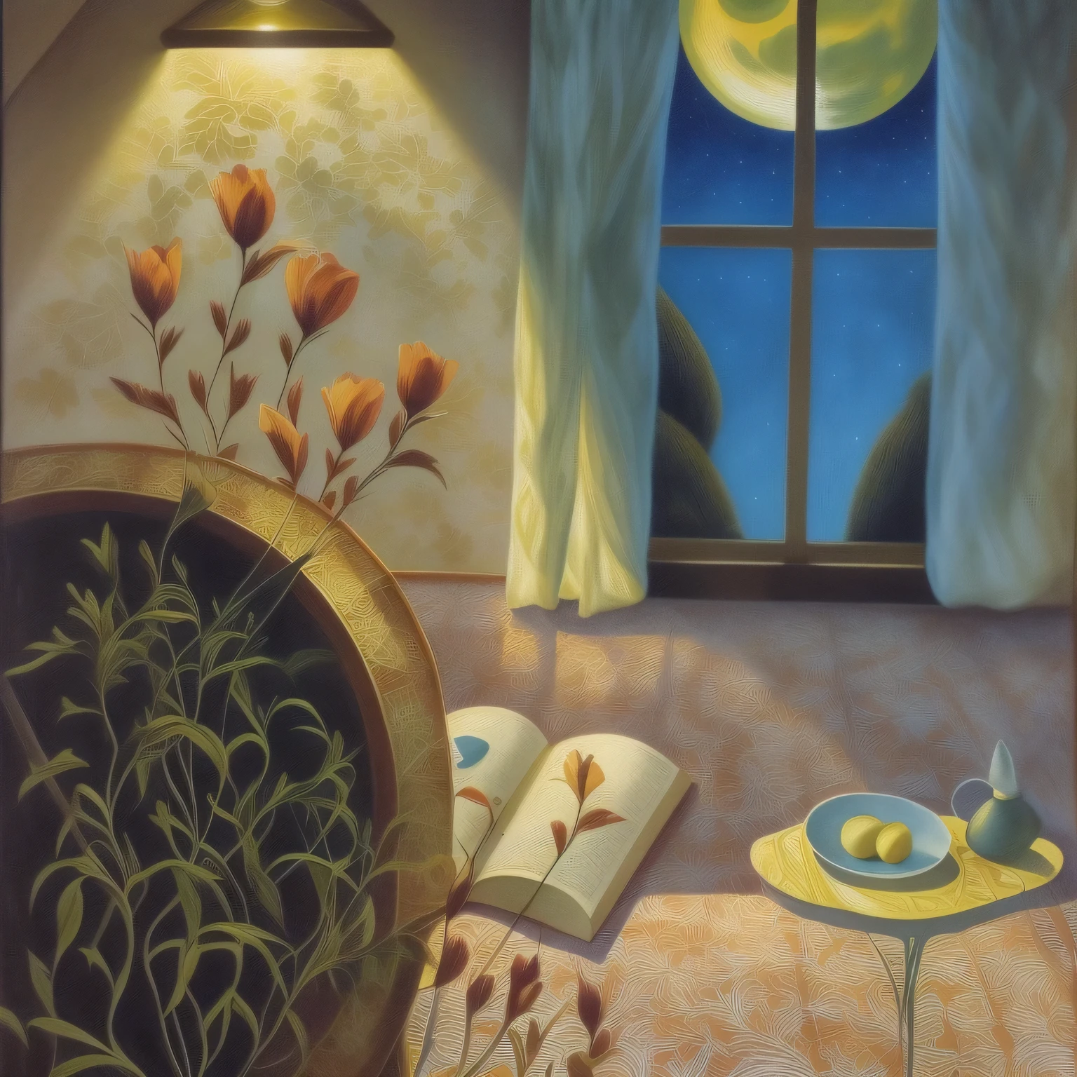 pintura de uma cadeira com um livro e um prato de comida, Chris Van Allsburg, noite de primavera, pintura de um quarto, Noite com lua e vela, evening, magic realism painting, madrugada, por Anne Ryan, tarde da noite, magic realism painting, cena noturna, ilustrador de olho de peixe luz da lua, radiant morning light, Direction: Yuko Tatsushima