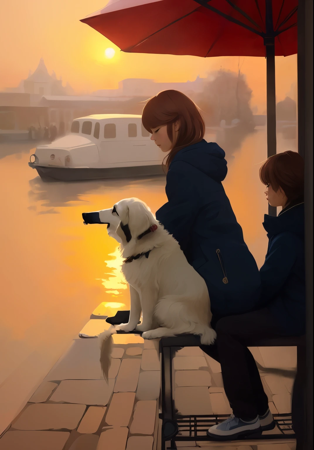 painting of a girl sitting on a bench with a dog, portrait of max caulfield, artwork in the style of guweiz, by Zou Zhe, style of dragan bibin, inspired by Félix Bódog Widder, rhads and lois van baarle, illustrative art, by Li Song, by Li Zai, by Xie He