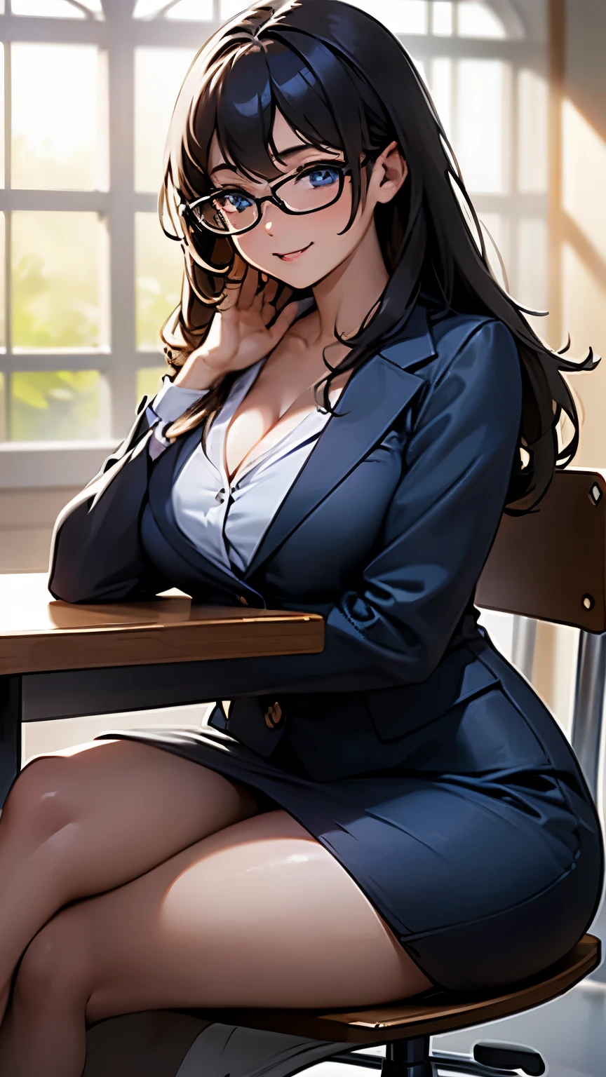 (table top:1.5), Highly detailed CG Unity 8K wallpaper,(realistic,Photoreal,surreal:1.5),(curve,model,charismatic:1.5),beautiful breasts,color_aberration,beautiful detailed shadows,beautiful eyes,beautiful body,beautiful skin,beautiful hands,(cowboy_shot:1.4),(enchanting smile:1.4),(sit on a chair，crossed legs:1.4),
(highest quality:1.3), high quality shadow, beautiful details, beautiful face, fine eyes, Depth of bounds written, High resolution, best shadow, best illumination, 1 girl, view viewer, black hair, dull bangs, long hair, dark blue eyes, shy, big breasts, mini skirt, blouse, blazer, pump, office lady, Glasses,cleavage