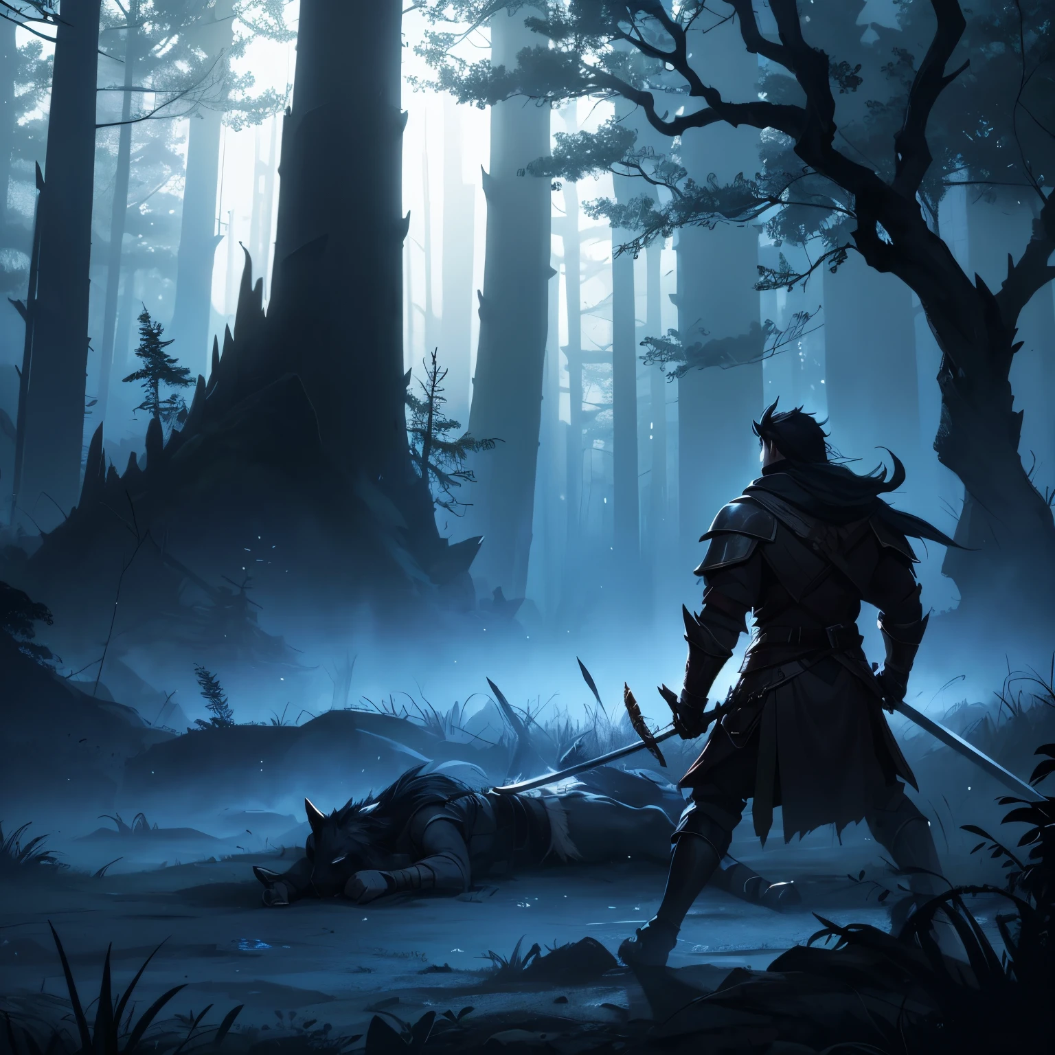 Highlight the battle between a standing werewolf and a fallen warrior with sword, in a night forest with dry trees and flat terrain. Totally dark and bluish lighting, with a lot of fog. Scenery with a distant view at night.