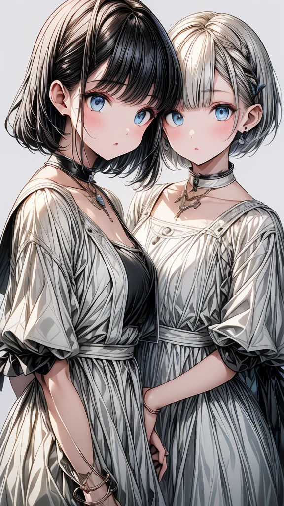 (masterpiece),{{detailed eyes}},{{2 girl}},1 girl with white bob cut hair and blue eyes,and 1 girl with pixie cut black hair and brown eyes,a birthday cake.