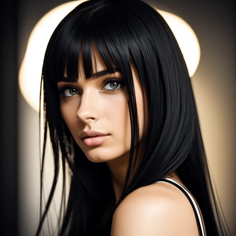 (best quality,ultra-detailed),a woman with long black hair,slanted eyes, monolid, blunt bangs, beautiful detailed eyes, beautiful detailed lips, extremely detailed eyes and face, long eyelashes, realistic, black and white portrait, high contrast, chiaroscuro lighting, fine pencil strokes, dark and mysterious atmosphere, intense gaze, elegant and confident pose, smooth and shiny hair, minimalist background