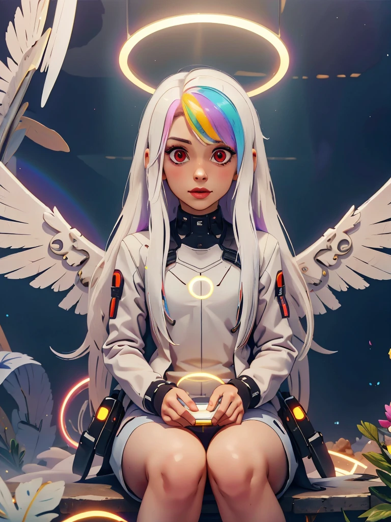 Roxy_Citron_OC,  1girl, solo, red eyes, white hair, rainbow hair, long hair, streaked hair, hair between eyes, Cyberpunk Style, holy aura , scifi,angelic, scholar , scroll, blessed, blessedtech, sitting, hologram, white outfit