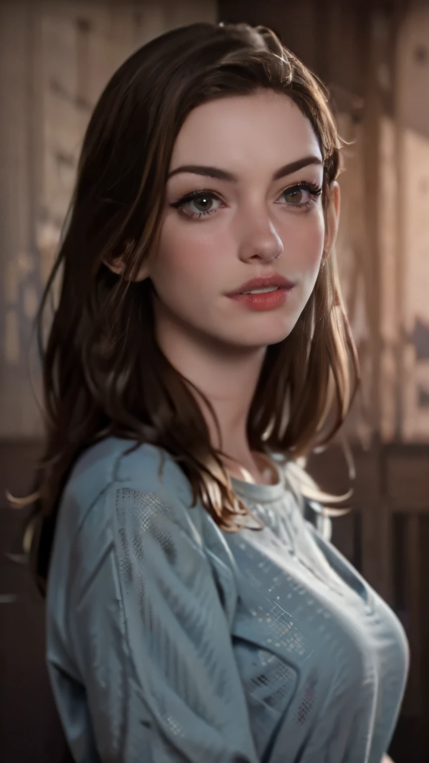 photo of Anne Hathaway, RAW, beautiful woman, ((portrait)), ((detailed face:1.2)), ((detailed facial feature, detailed skin, clear skin), (perfect proportioned body), (wearing a sheath dress) (high detailed city environment, apartment balcony), (realistic photo, best quality, detailed), (8k wallpaper), (cinematic lighting, dramatic lighting) (sharp focus, intricate)