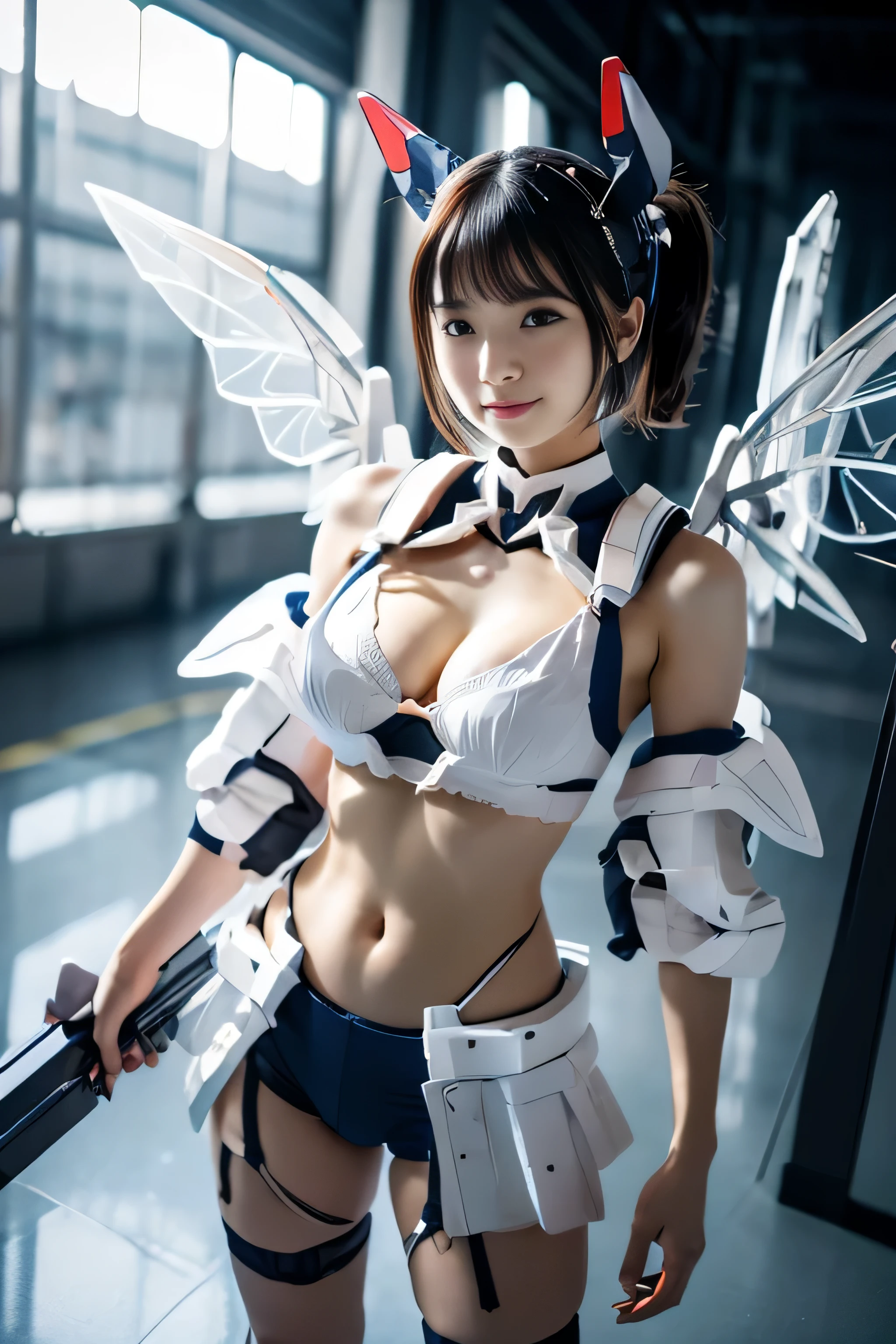 ((highest quality)), ((masterpiece)), (very detailed: 1.3), 3D, japanese young girl wears only a futuristic gundam mecha(gundam), with headgear, With V fins , ((unarmored cleavage)), ((unarmored stomach)), ((unarmored upper arm)), ((face without armor)), ((unarmored hand)), ((unarmored waist)), ((thighs without armor)), (unarmored ankle), white skin:1.3, (cute:1.2), (bob cut:1.3), black hair, thick eyebrows, light colored iris, big, shining black eyes, Symmetrical eyes, long eyelashes, small, pale natural lips, ((Average Japanese idol face:1.1)), (日本人特有のbaby face:1.3), (baby face:1.1), wide forehead:1.2, plump cheeks, small chin,small breasts, Detailed thighs, Multilayer texture perfect proportions, octane rendering, duotone lighting, Low ISO, wide aperture, White balance, Rule of thirds, Ultra HD16k, HDR (high dynamic range), ray tracing, NVIDIA RTX, super resolution, unreal 5, Scattered beneath the surface, PBR texturing, Post-processing, anisotropic filtering, Depth of bounds written, Maximum clarity and clarity, High efficiency subpixel, subpixel convolution, particles of light, scattered light, Tyndall effect, whole body:1.5, (From above), (Mecha wing), In the hangar, looking at the viewer, Armor color is navy blue and yellow based on white, (2 arms, 2 feet), Focus on the eyes,