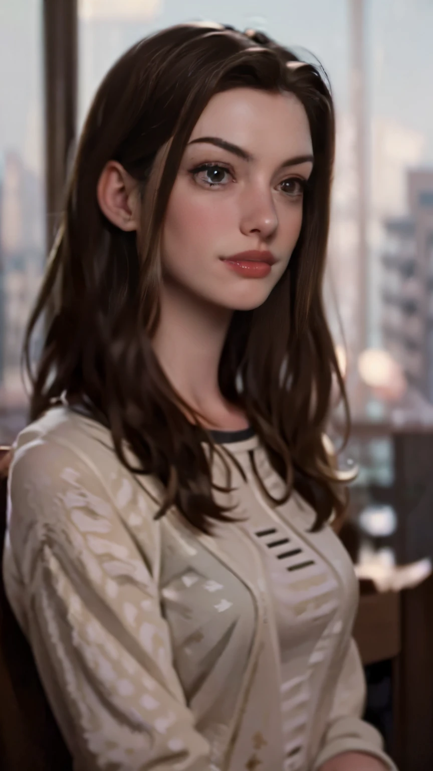 photo of Anne Hathaway, RAW, beautiful woman, ((portrait)), ((detailed face:1.2)), ((detailed facial feature, detailed skin, clear skin), (perfect proportioned body), (wearing a sheath dress) (high detailed city environment, apartment balcony), (realistic photo, best quality, detailed), (8k wallpaper), (cinematic lighting, dramatic lighting) (sharp focus, intricate)