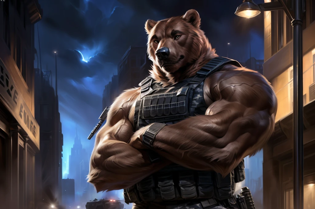 4k, high resolution, best quality, perfect colors, perfect shadows, perfect lighting, (close up, portrait, upper body shot), posted on e621, furry body, solo, anthro brown bear, (monotone brown fur:1.3), male, adult, (veiny biceps, strongman, manly, brutal, masculine:1.4), big city street background, police car, correct anatomy, night, (photorealistic detailed fur, epic, masterpiece:1.2), (by Taran Fiddler, by Chunie, by Rukis, Bonifasko lighting), detailed bear eyes, best posture, looking at the camera, (arms crossed:1.2), (detailed tactical SWAT bulletproof vest:1.3), (black camo pants:1.3)