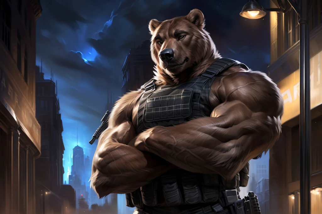 4k, high resolution, best quality, perfect colors, perfect shadows, perfect lighting, (close up, portrait, upper body shot), posted on e621, furry body, solo, anthro brown bear, (monotone brown fur:1.3), male, adult, (veiny biceps, strongman, manly, brutal, masculine:1.4), big city street background, police car, correct anatomy, night, (photorealistic detailed fur, epic, masterpiece:1.2), (by Taran Fiddler, by Chunie, by Rukis, Bonifasko lighting), detailed bear eyes, best posture, looking at the camera, (arms crossed:1.2), (detailed tactical SWAT bulletproof vest:1.3), (black camo pants:1.3)
