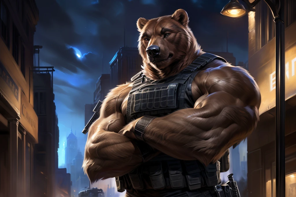 4k, high resolution, best quality, perfect colors, perfect shadows, perfect lighting, (close up, portrait, upper body shot), posted on e621, furry body, solo, anthro brown bear, (monotone brown fur:1.3), male, adult, (veiny biceps, strongman, manly, brutal, masculine:1.4), big city street background, police car, correct anatomy, night, (photorealistic detailed fur, epic, masterpiece:1.2), (by Taran Fiddler, by Chunie, by Rukis, Bonifasko lighting), detailed bear eyes, best posture, looking at the camera, (arms crossed:1.2), (detailed tactical SWAT bulletproof vest:1.3), (black camo pants:1.3)