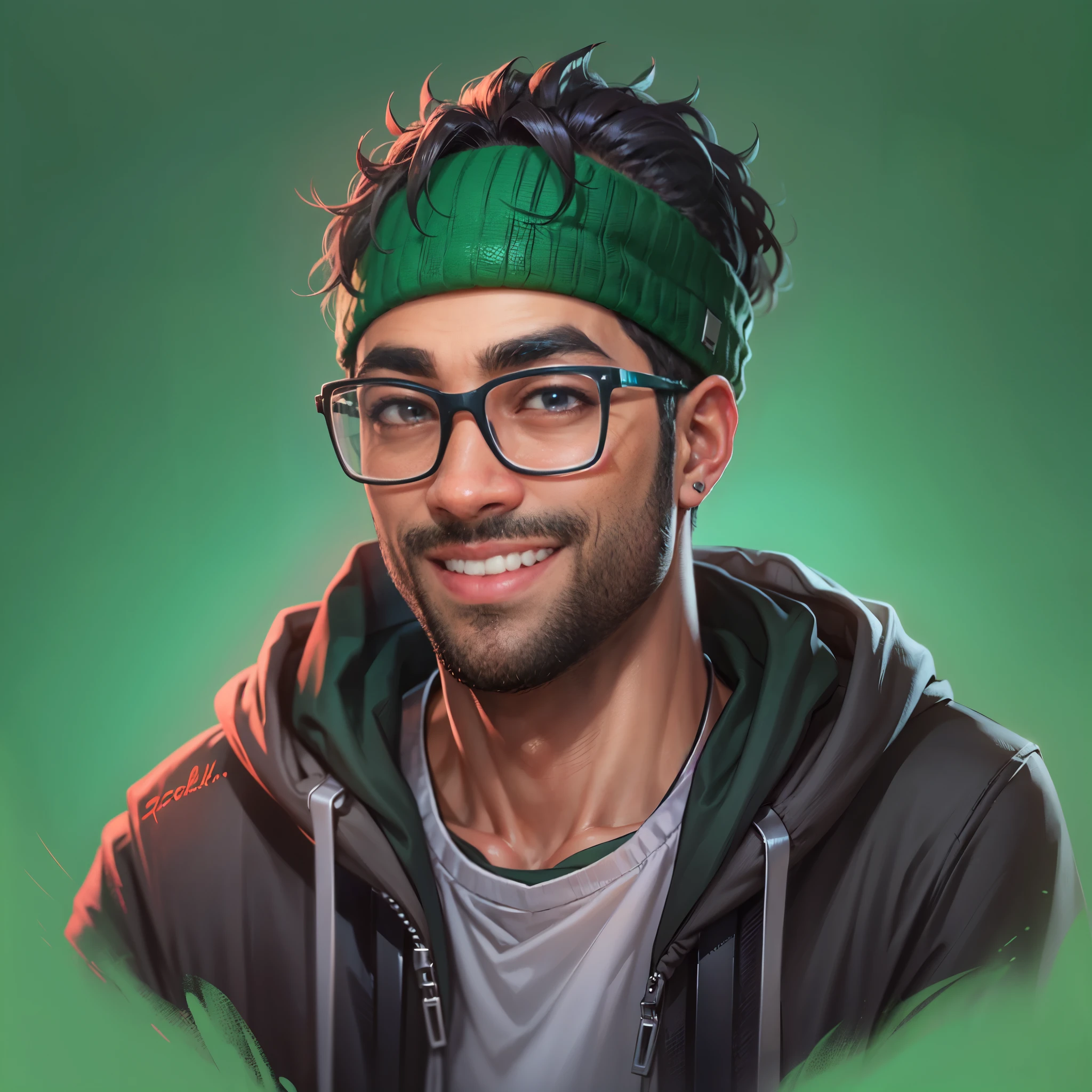 ('Piva') Create a high-quality ((2D-caricature)) cartoon portrait of a man vivid eyes, wearing glasses and a hoodie, displaying a cheerful smile. This portrait is intended for use as an NFT, an avatar image, a Discord profile photo, and a character concept portrait for the streamer and Twitch player known as PivaArts. The full portrait should be detailed and capture the personality and style of PivaArts, Becoming a Statement Piece. The focus is on a character headshot portrait fit for a Twitch streamer, more detail, high detailed.