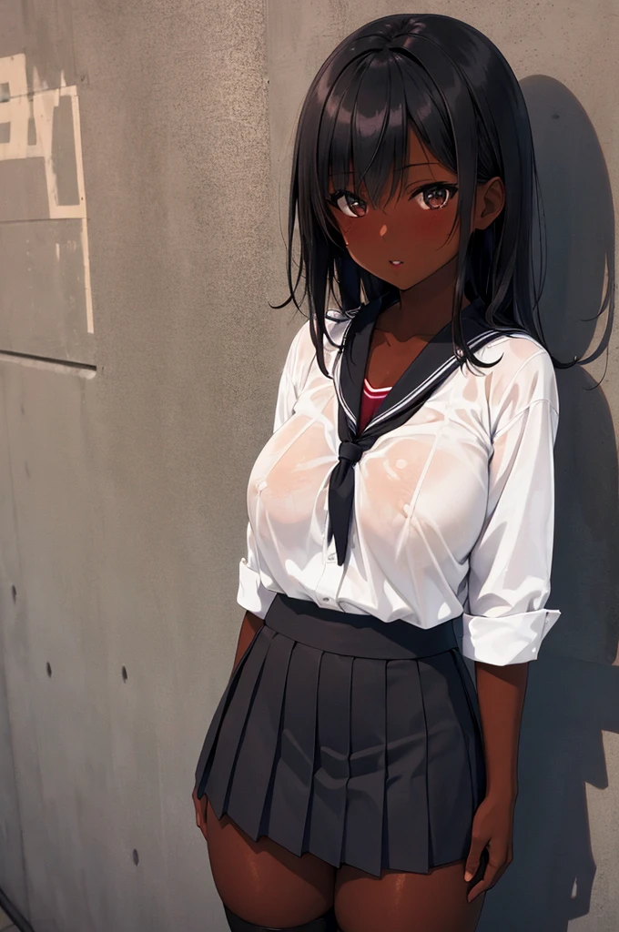 (8k ultra HD quality, best quality, art, high quality, perfect light, absurd, ultra detailed: 1.21, woman, alone, dark-skinned woman, black hair, dark skin, big breasts, sexy, Japanese school costume, portrait, black knee-high socks, sexy student, parted lips, dark eyes, looking at viewer, Japan street background, huge breasts, small sample, sexy, olive skin, dark skin, holding breasts, wallpaper, short skirt, high school girl sexy.