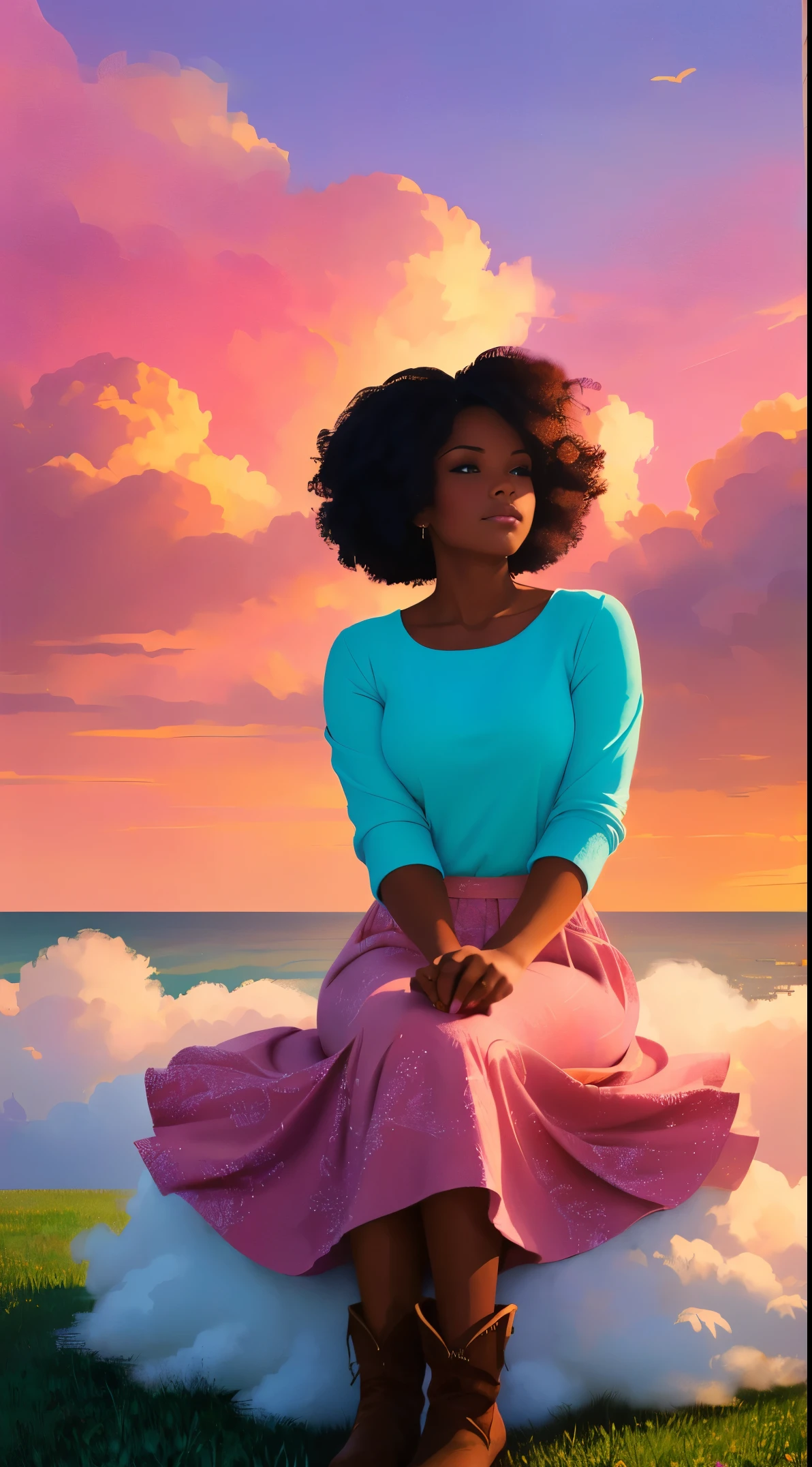(best quality:1.1),original,1girl,chic,trendy, dark skin,makeup,1970's, blue hair, brown eyes An illustration of african american woman with natural hair, in the style of ross tran, a pink dress with a cute cloud print and cute pink boots, a gorgeous woman with extremely long hair in a ponytail with bangs, (((sitting on a soft fluffy pink cloud))), looking at a distant magical city far beneath her, at sunset --ar 2:3 --v 6.0 pink and orange, jessica drossin, bold block prints, michael malm, bold yet graceful, bold traditional