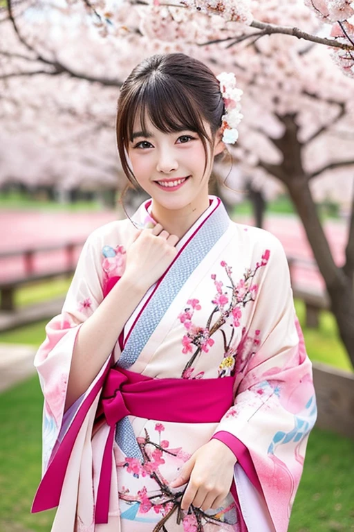(nsfw:1.5),masutepiece, Best Quality, 8K、(Golden Ratio Face、Balanced eyes、very gentle eyelids)、double eyelid、Beautiful nasal muscles、Shy laughter、Lip Gloss 、Very beautiful girl、Beautiful girl solo like a model、View photographer、Kimono with intricate patterns and traditional designs、Detailed colors、Kimono with brightly colored patterns、Taken in front of a cherry tree、up hair 1.2、(((suggestive pose、sexy  pose)))