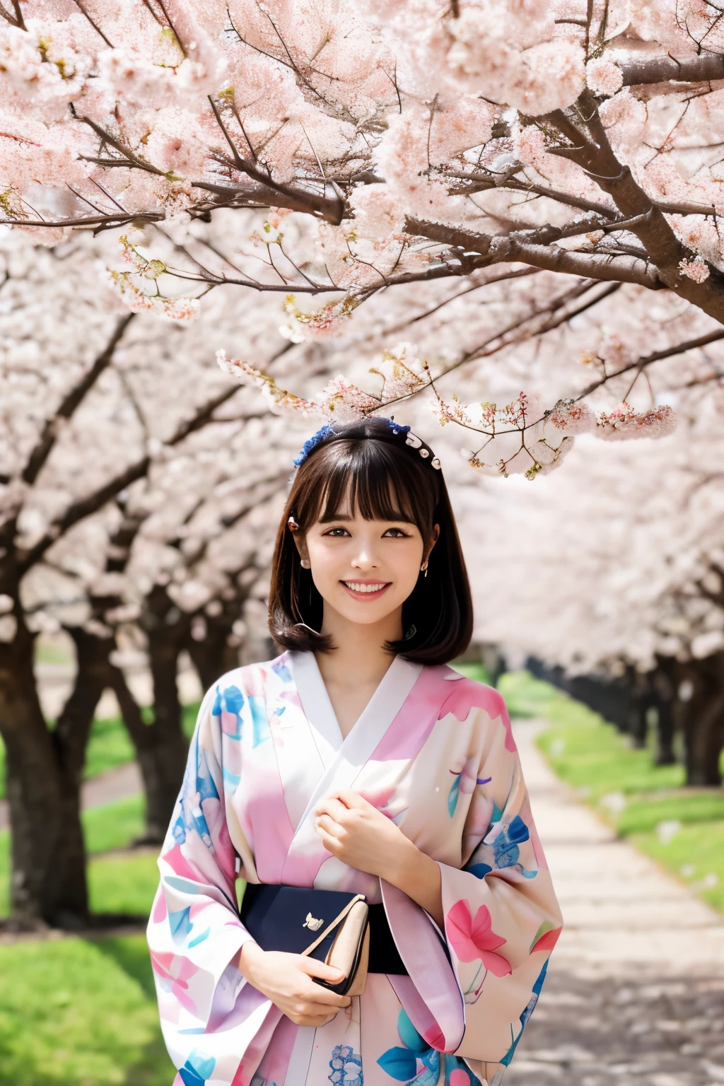 Cherry blossom trees Japanese girl Sakura pattern kimono smile