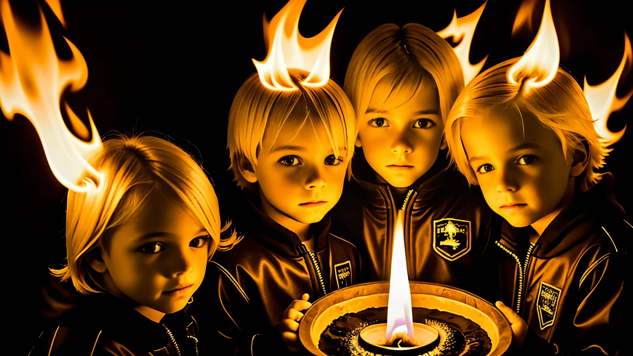 5 boys blonde children WITH STRAIGHT HAIR, WITH TORCHES OF FIRE STRAW IN HAND, BLUE BACKGROUND. SLEEVELESS DENIM JACKET.