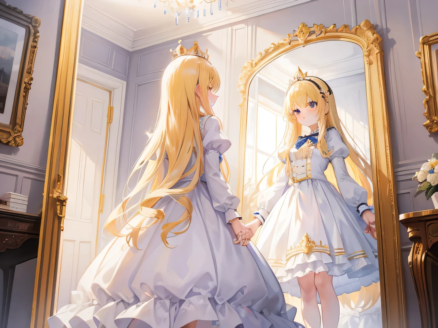 Chess, amazing shiny golden long hair,one girl, beautiful girl, blonde, white clothes,frills, small crown, Queen, Eyes are light blue,This is a cute sweet girl,Soft Girl, lolita,Alice in the Land of Mirrors, Chess, Room of mirrors, Are standing, 鏡の前にAre standing自分を見て, holding hands in the mirror, from behind, from below, Chessのコマと盤面, whole body, best image quality, dark room, reflect in the mirror,holding hands in the mirror,Western-style building