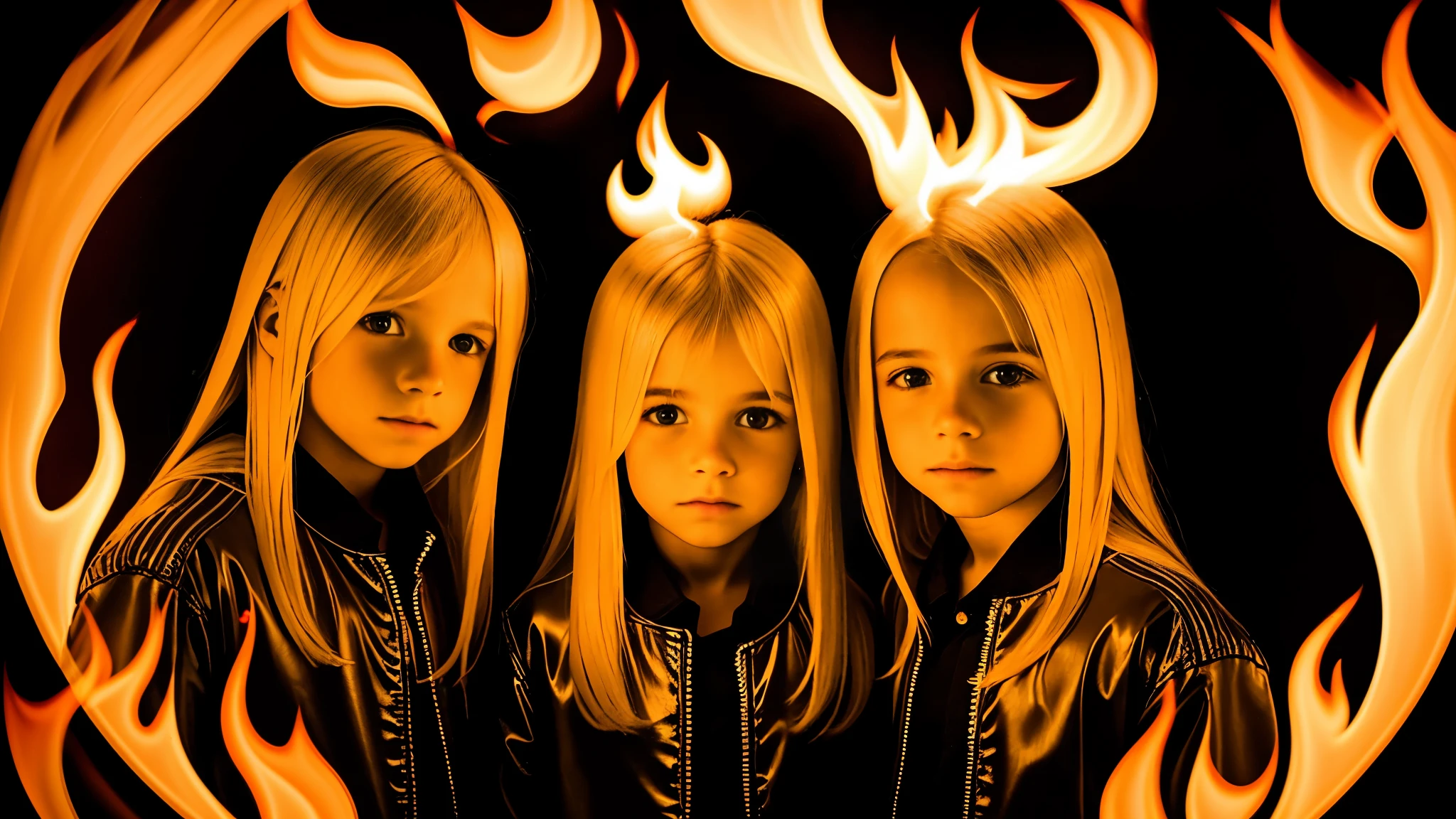 girls blonde children WITH STRAIGHT HAIR, BLACK BACKGROUND, FIREBALL IN HANDS.