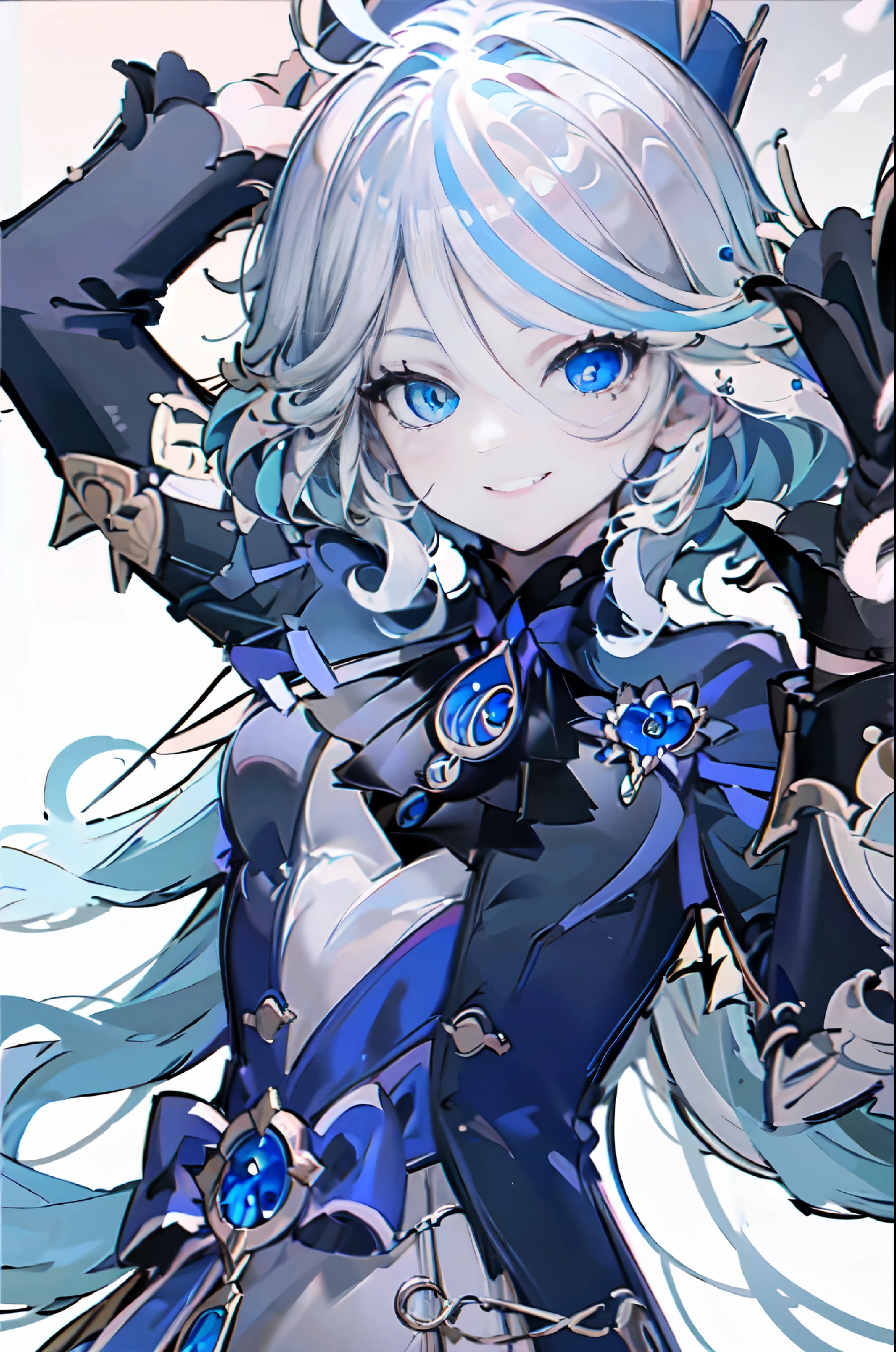 white hair, blue hair, ultra high definition, masterpiece, precise, anatomically correct, textured skin, Super details, high detail, high quality, best quality, high resolution, 16k,smiling,right in the center,single girl,Raise one arm high,shining,The background is broad【Genshin Impact Fountain】