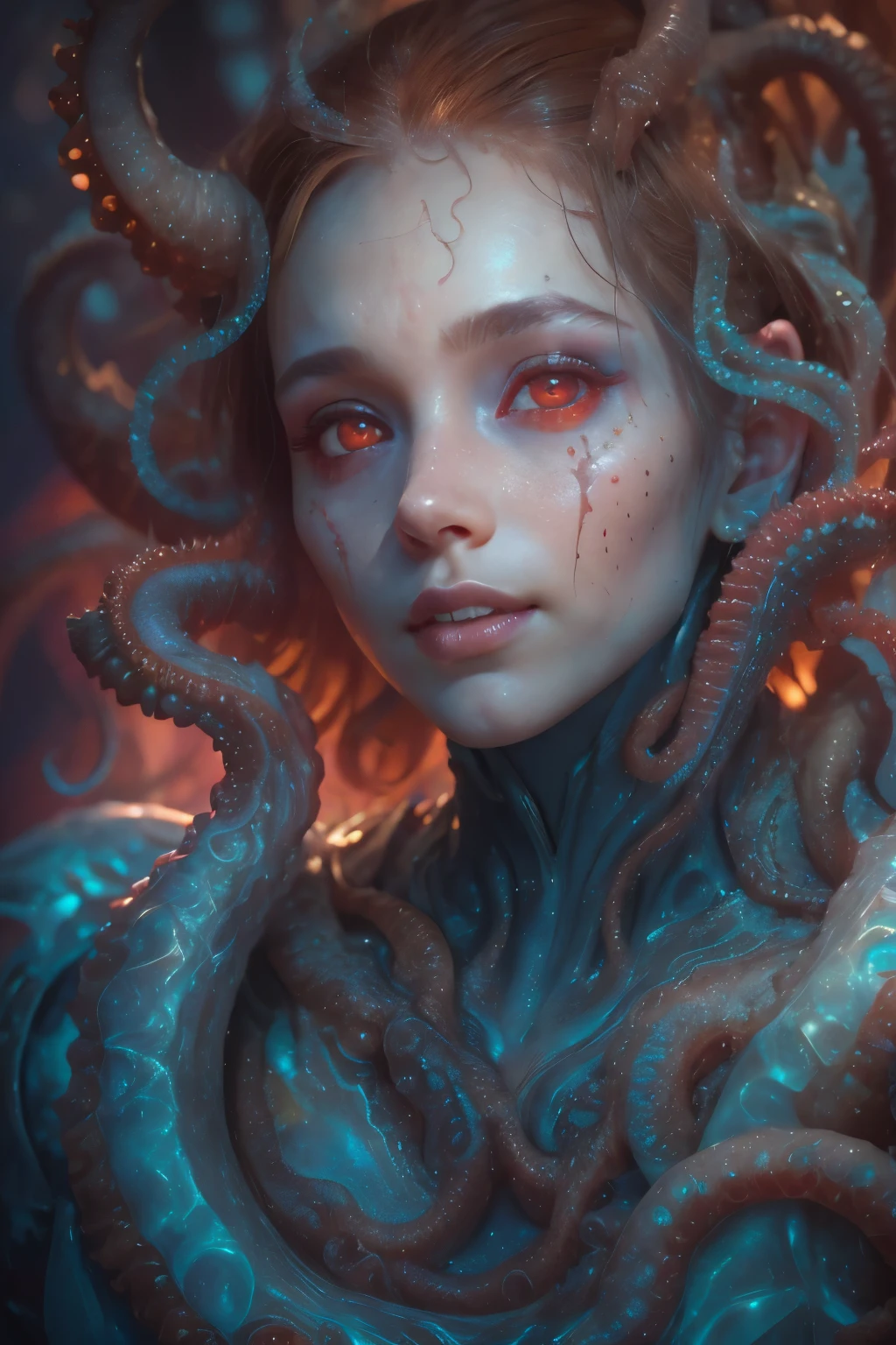Portrait, (beautiful female alien:1.2), (she has red eyes with no pupils:1.8), (Translucent skin:1.7), (There is a female genital-like organ in the middle of the forehead:1.9), (The most beautiful face in the history of the universe:1.2),an evil gaze that seduces, (large mouth:1.1), (sharp teeth like a vampire:1.2), Full body portrait, (bio luminescent:1.5), (Smile wickedly:1.3), (sexypose:1.5), alien, No humans, cells are fused, (Lots of translucent tentacles:1.3) extraterrestrial, cell, bio image, best quality, 8K,In 4K_quality, High freshness, Dramatic Lighting, masutepiece:1.5,cinematic quality, detail up, (exquisite details:1.2), high resolution, High freshness, drawing faithfully, (Thick eyebrows:1.2), Beautiful eyes with fine symmetry,(Highly detailed face and eyes:1.2), Intimate face, (Super detailed skin quality feeling:1.4), perfect anatomy, (Beautiful toned body:1.5), (Moist skin:1.2), not wearing makeup, (dark circles:1.1), long canines, cinematic drawing of characters, ultra high quality model, cinematic quality, detail up, (exquisite details:1.2), high resolution, High freshness, drawing faithfully, official art, Unity 8K Wall , 8K Portrait, best quality, Very high resolution, ultra detailed artistic photography, midnight aura, unreal engine 5, Ultra Sharp Focus, art by alberto seveso, ArtGerm, Roisch, intricate artwork, best quality, masterpiece, ultra high resolution, (photos realistic:1.4), ultra realistic realism, dream-like, nautilus, Creation of fantasy, Snail, Dream Snail, (biopunk nautilus:1.3),Thrilling color schemes, ultra realistic realism, seductively smiling, Blue tentacles,