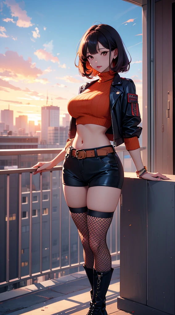 (masterpiece), high-definition, vibrant colors, korean girl, big boobs, big hips, messy dark purple hair, orange eyes, crop top sweater, jacket, shorts, belt, thong, thigh high stockings, boots, fishnet, balcony, leaning on the railing, sunset