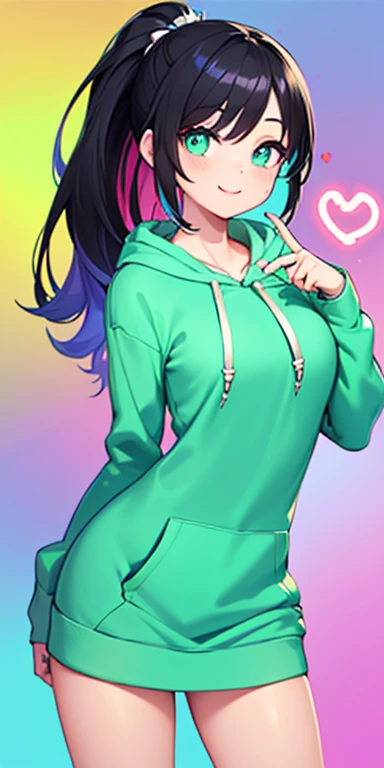(black hair,colorful fluorescence multicolored  hair:1.5,ponytail:1.5), (masterpiece, sidelights, exquisite beautiful eyes: 1.5), masterpiece*portrait, realistic, ((Colorful background of different colors:1.5)),(Gentle face:1.5),colorful,3D face,(cute face),front view: 1.6、((finger heart:1.5))、 (glowing green eyes:1.2),(tareme:1.5)、(cute smile:1.5),,Slim Body, shiny hair, shiny skin: 1.5、medium breasts,、solo,(stand)、(hoodie:1.5)、(charactor focus:1.5、portlate、eye focus,cowboy shot)、bright atmosphere,intricatedetails