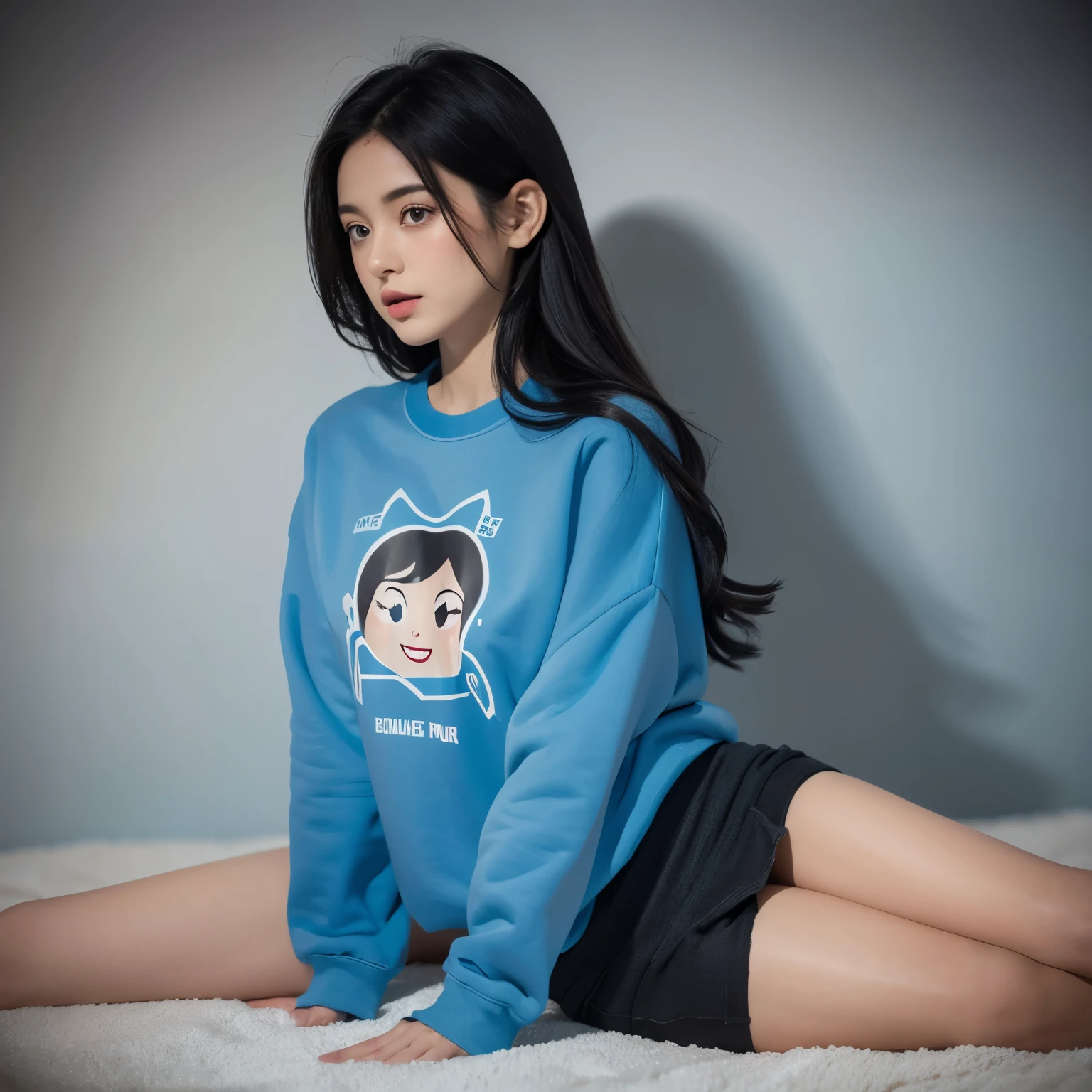 cartoon,female,Blue sweatshirt,long black hair