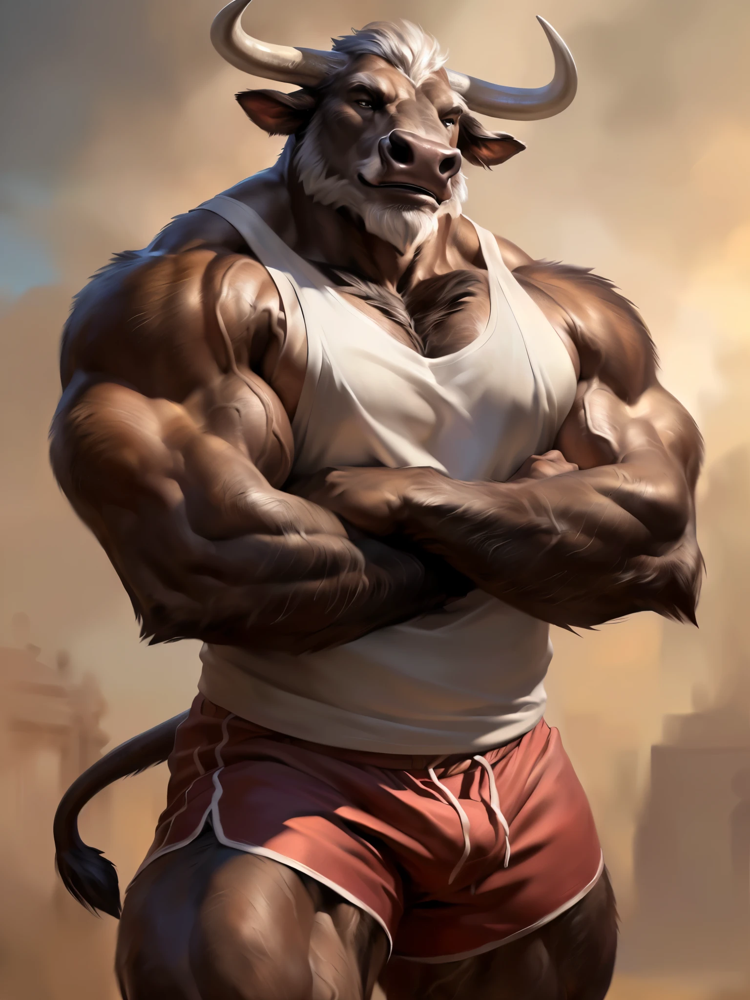 4k, high resolution, best quality, perfect colors, perfect shadows, posted on e621, portrait shot, furry body, solo,
anthro brown bull, (monotone brown fur, anatomically correct bovine tail:1.3), male, (middle-aged, mature:1.2), (curved bovine horns), (grey beard:1.35), (strongman, heavily muscular, beefy, massive, veiny, buff, manly, masculine:1.4), correct anatomy, (photorealistic fur, detailed fur, epic, masterpiece:1.2), (by Taran Fiddler, by Chunie, by Rukis, Bonifasko lighting), (nails on hands), detailed bull eyes,, (long white sports tank-top:1.3), (red shorts:1.4), ((arms crossed)), best posture, smile
