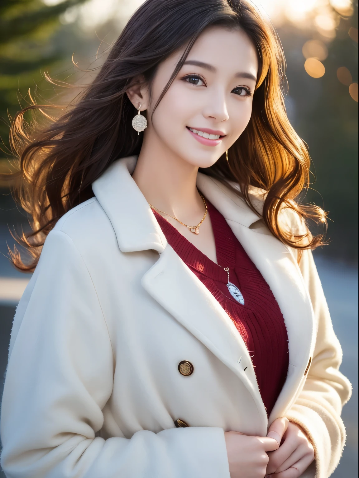 best quality,Super high resolution,RAW photography,1 girl,loose perm hair、dark brown hair、Japanese、loose perm hair、smile、professional photos、Same skin type as Humanra in the background、I draw it faithfully to the anatomy.、very detailed and beautiful、Super high quality、Hair swaying and sexy、Highly detailed beautiful girl、from head to waist、earrings、necklace、from head to waist.Sparkling、long coat、white coat、winter、smile、comb your hair