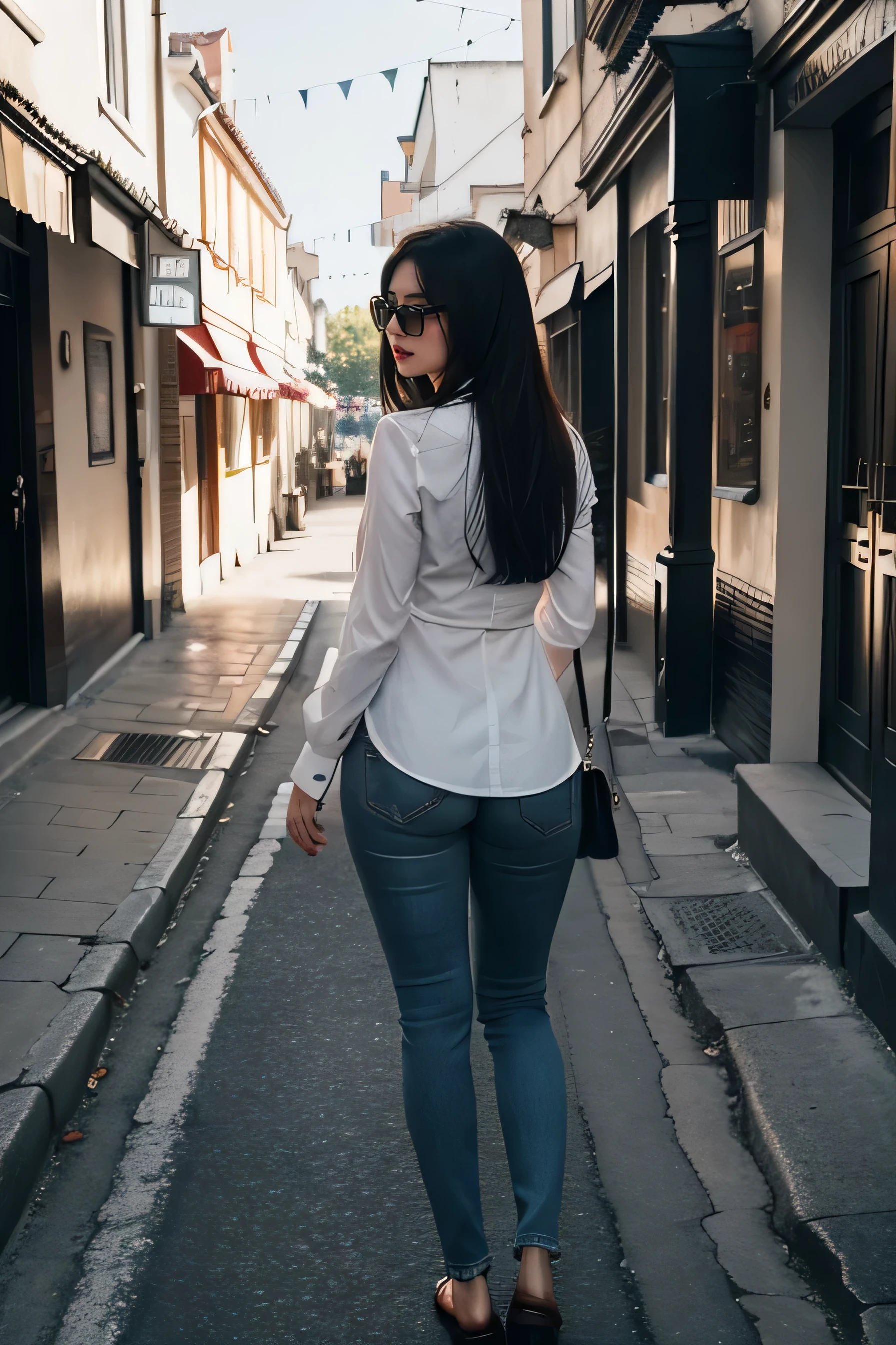 Wear skinny jeans,White collar blouse,plump ass,her back is attractive,wearing black glasses,Full body photo disappears,old street of ancient city